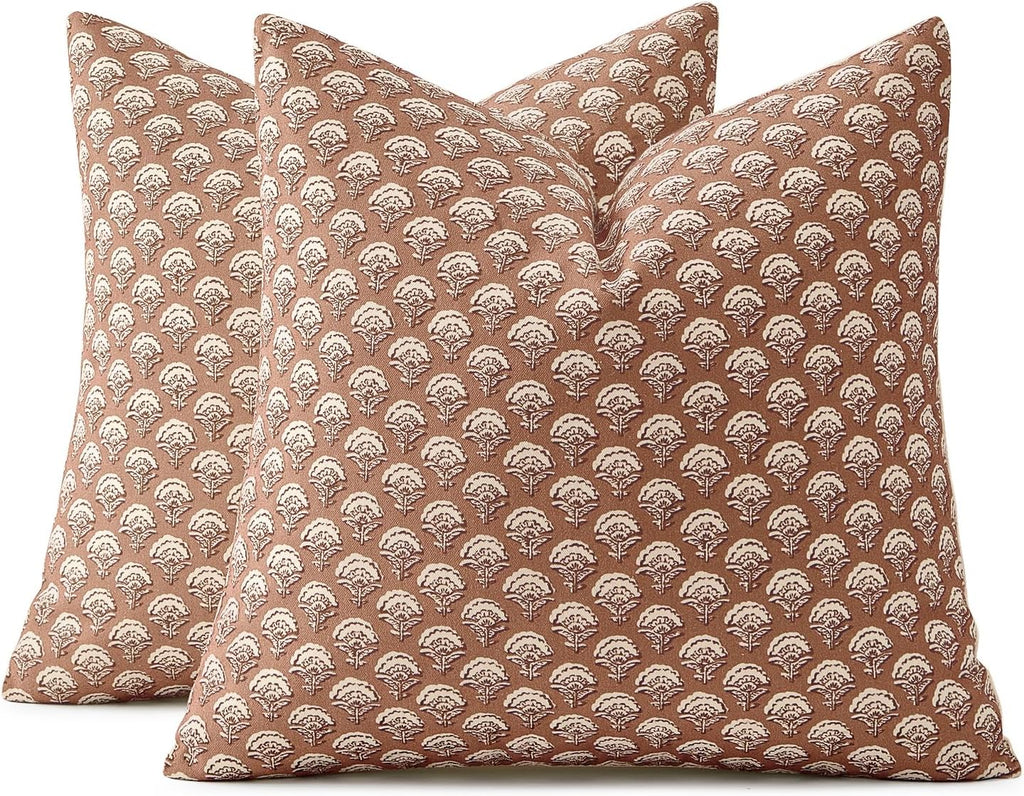 MIULEE Set of 2 Decorative Floral Pillow Covers Neutral Vintage Throw Pillows Block Print Boho Farmhouse Cushion Covers for Modern Spring…