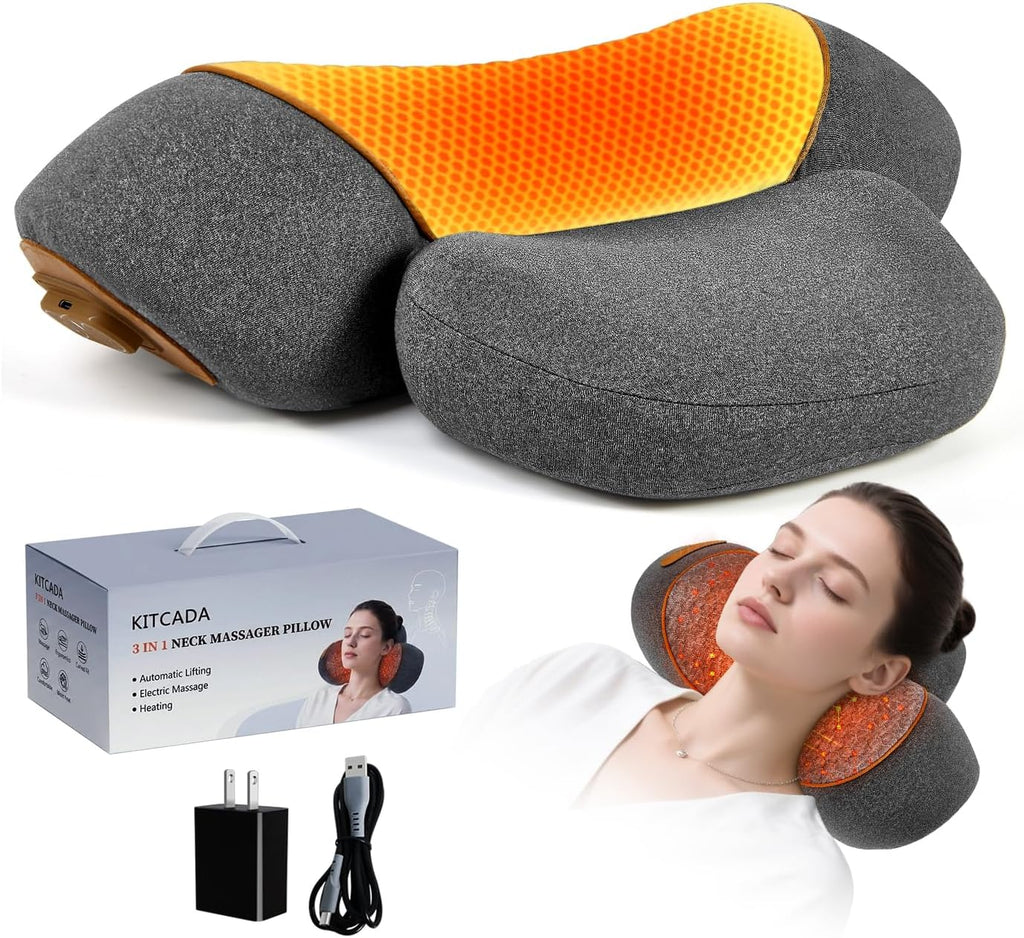 Gifey 3-in-1 Rechargeable Neck Massager Pillow with Heat, Vibration & Traction, Deep Tissue, Neck Hump Corrector & Cervical Support for Ho…