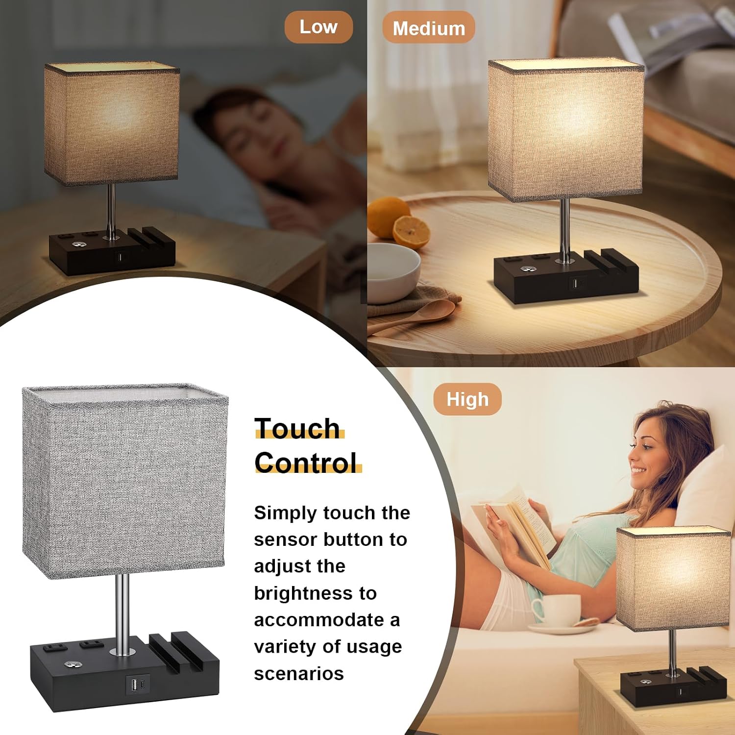Kakanuo Nightstand Lamp for Bedroom with Dual USB Ports, Grey Touch Control Bedside Table Lamp with Charging Outlets and Phone Stands…