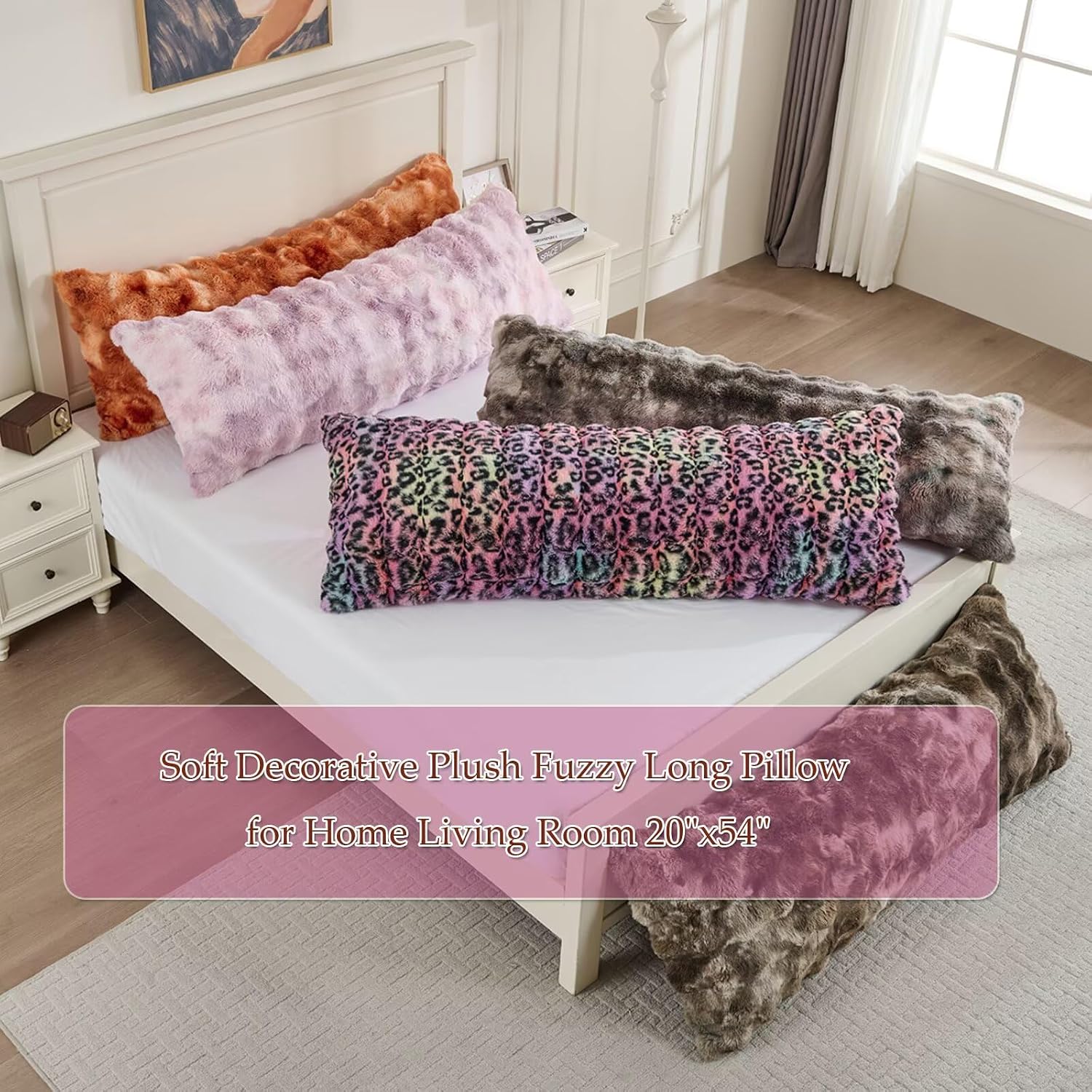 Animebody 20x54 Fluffy Leopard Print Full Body Pillow, Cheetah Print Plush Fuzzy Faux Fur Body Pillows, Ultra Soft Bed and Sofa Pillow for Si…