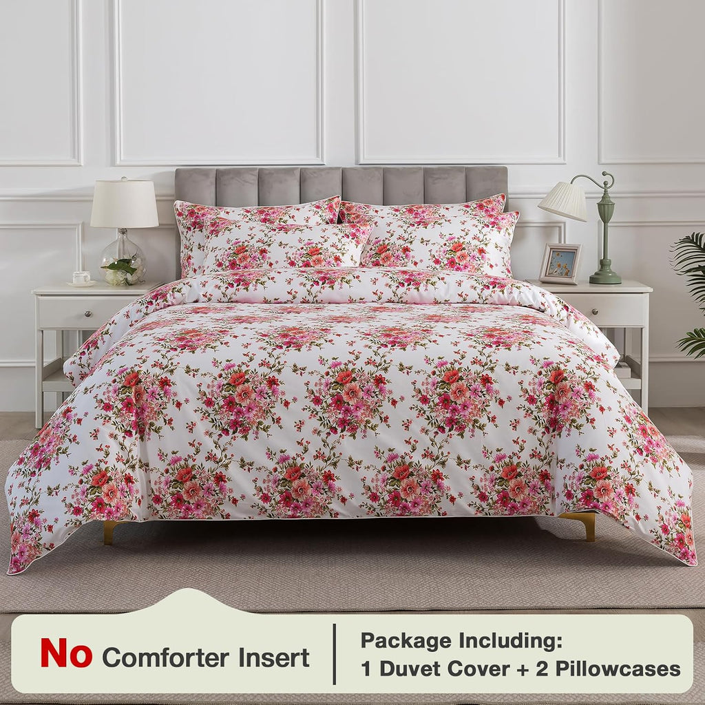 Puralens Pink Floral Boho Duvet Cover Queen Size 100% Cotton 3Pcs Set, White Percale Reversible Shabby Red Flower Print Chic Duvet Covers,…
