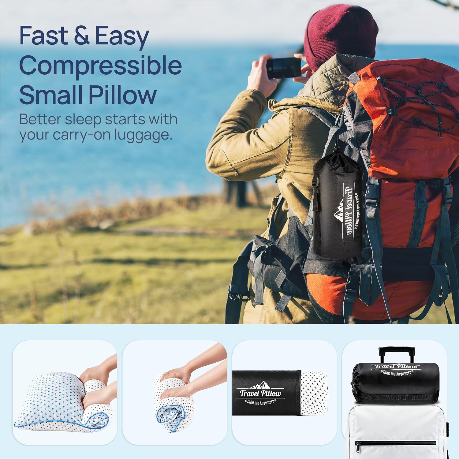 Fulocean Small Cooling Memory Foam Travel Pillows for Airplanes Sleeping, Compressible Camping Pillow, Mini Adjustable Shredded Foam Bed Pi…