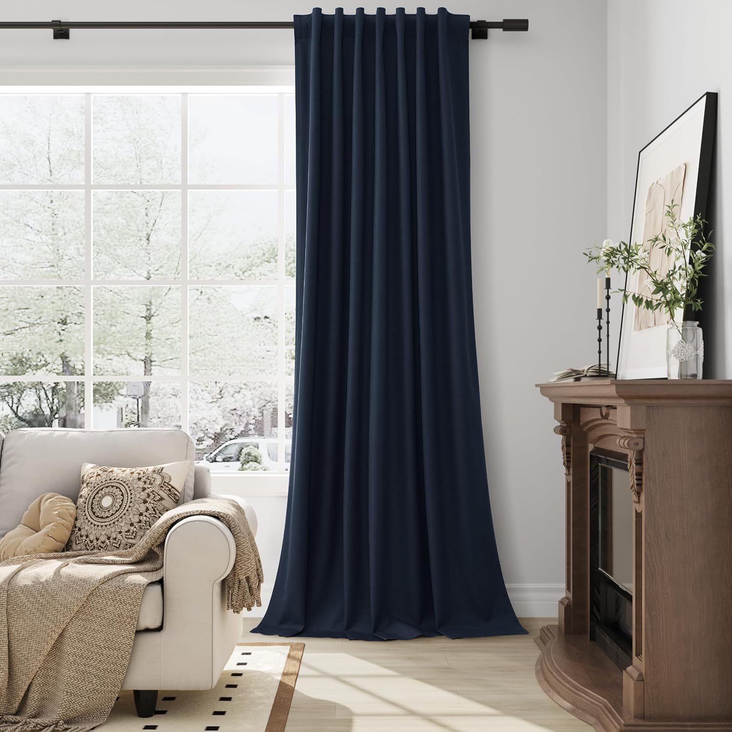 Guken Navy Blue 100% Blackout Linen Curtains for Bedroom 90 Inches Long 2 Panels Set Elegant Textured Back Tab Hook Belt Room Darkening The…