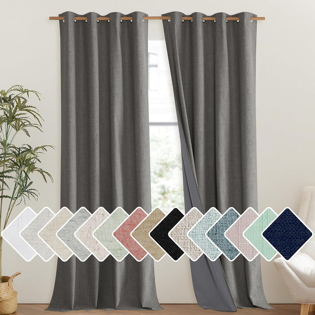 NICETOWN Grizzle Gray Vintage Linen 100% Blackout Curtains for Living Room, Thermal Insulated Curtains 102" Long, Noise Reducing Window…