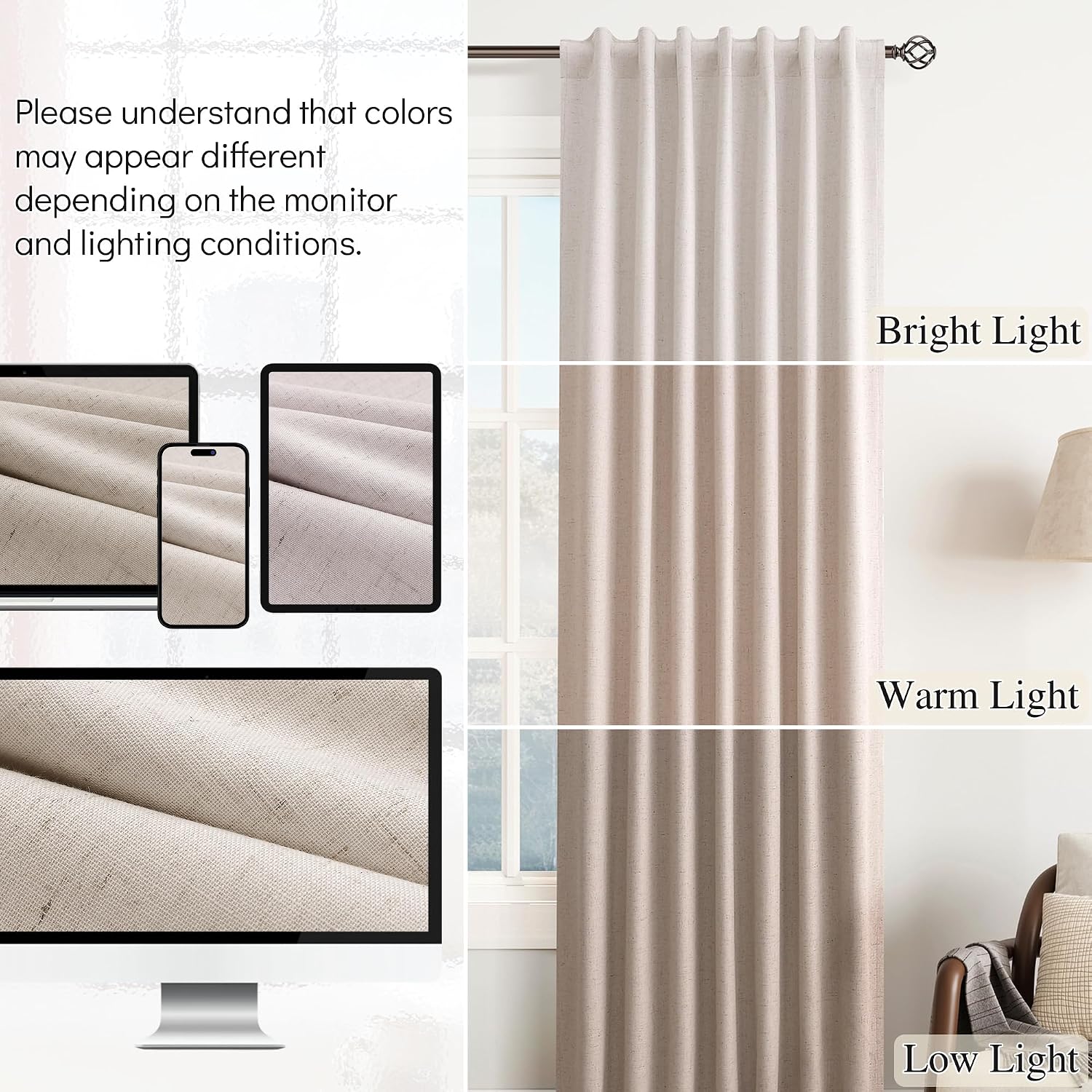 Guken Oatmeal Linen 100% Blackout Curtains for Bedroom 120 Inches Long 2 Panels Set Textured Back Tab Hook Belt Thermal Insulated Sound Pro…
