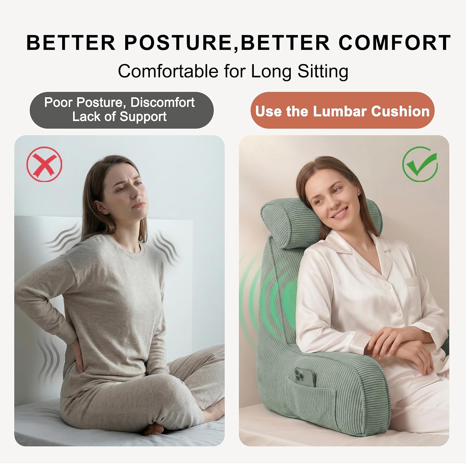 Ailuteie Corduroy Reading Pillow for Sitting Up, Bed Rest Pillow with Arms, Detachable Headrest, Side Pockets & Washable Cover, Back Suppor…