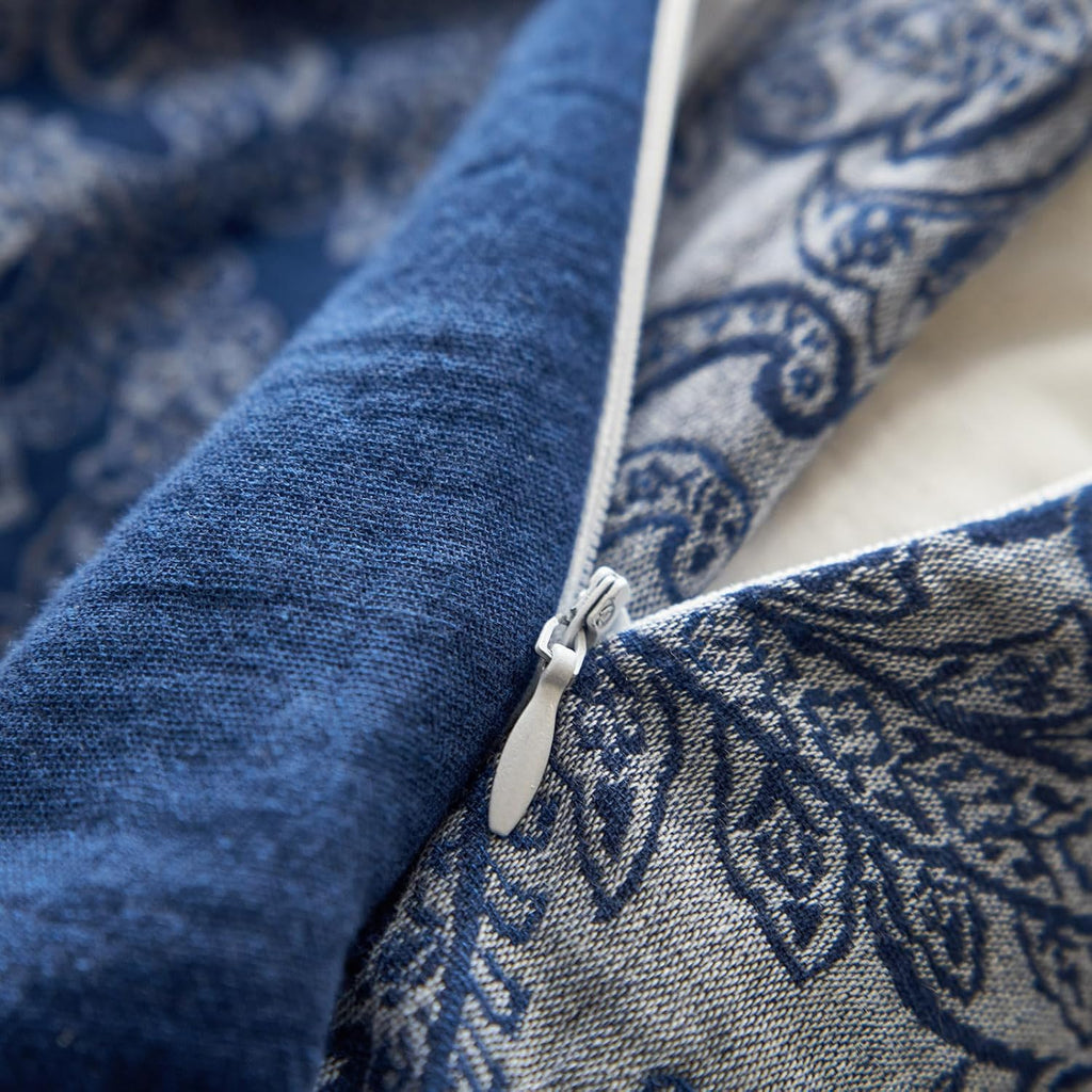 mixinni Muslin Cotton Vintage Navy Blue Paisley Floral Duvet Cover Queen Size 3pcs Yarn Dyed Burgundy Jacquard Weave Bedding Comforter Cove…