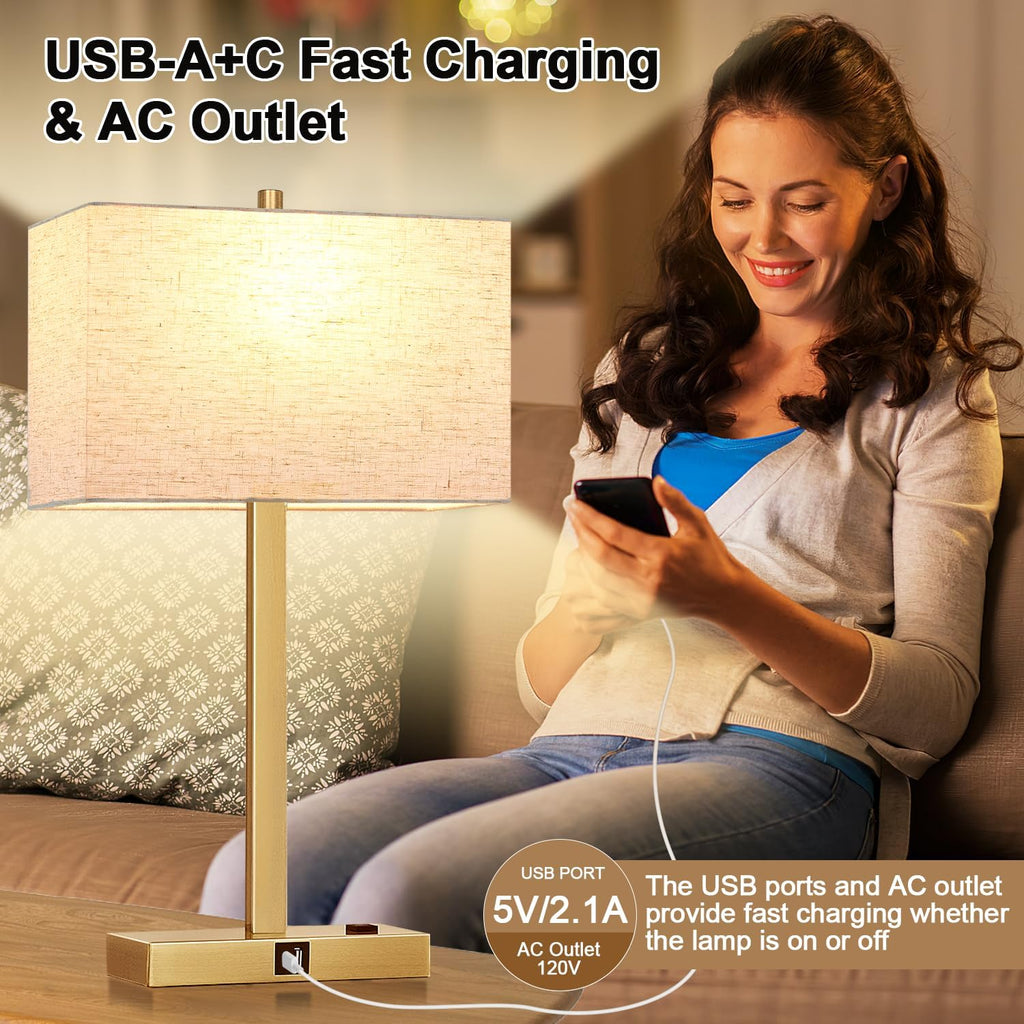 Lynnoland 21" Set of 2 Table lamp with USB A+C & AC Outlets, Touch Control 3-Way Dimmable Nightstand Lamps for Living Room Bedroom Office…