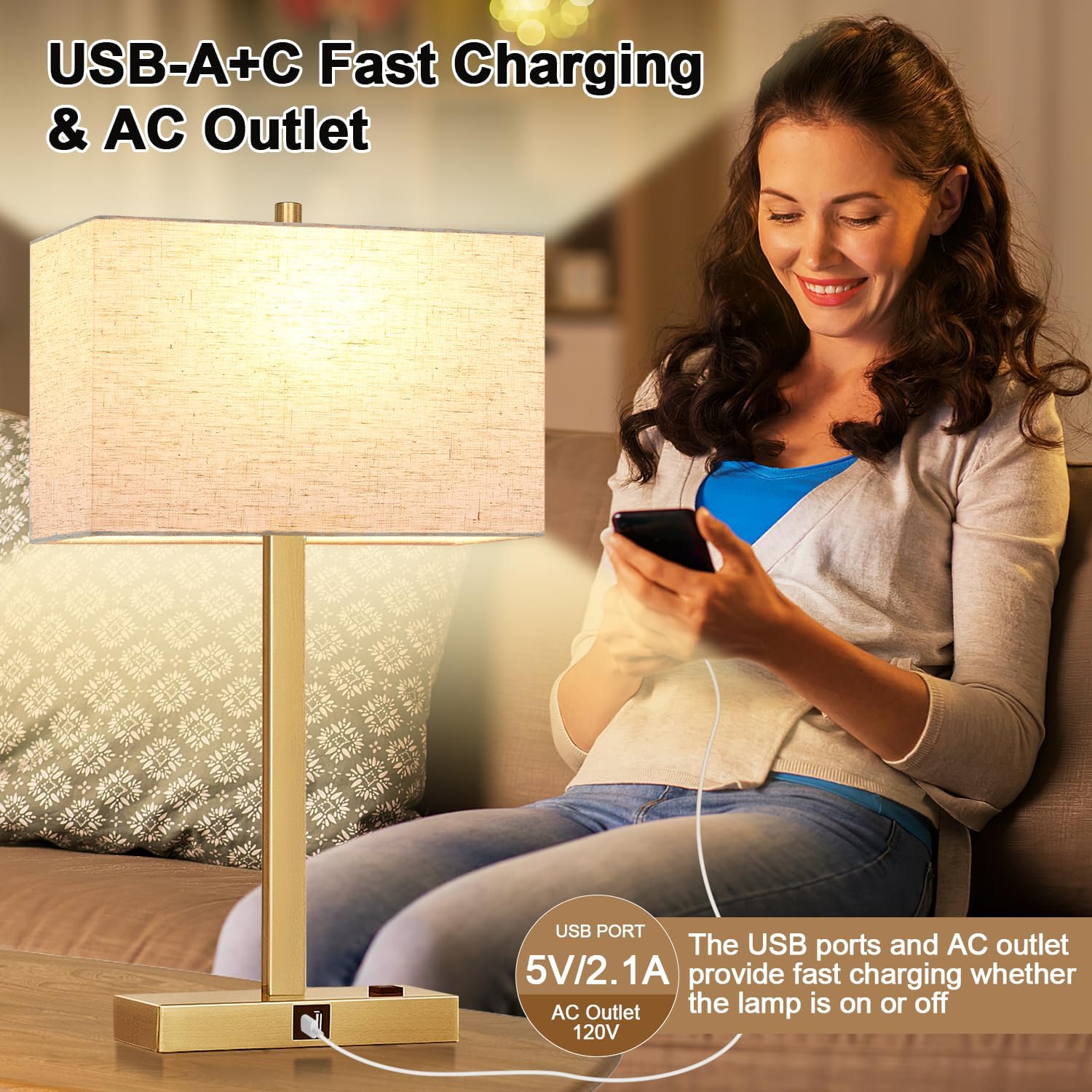 Lynnoland 21" Set of 2 Table lamp with USB A+C & AC Outlets, Touch Control 3-Way Dimmable Nightstand Lamps for Living Room Bedroom Office…