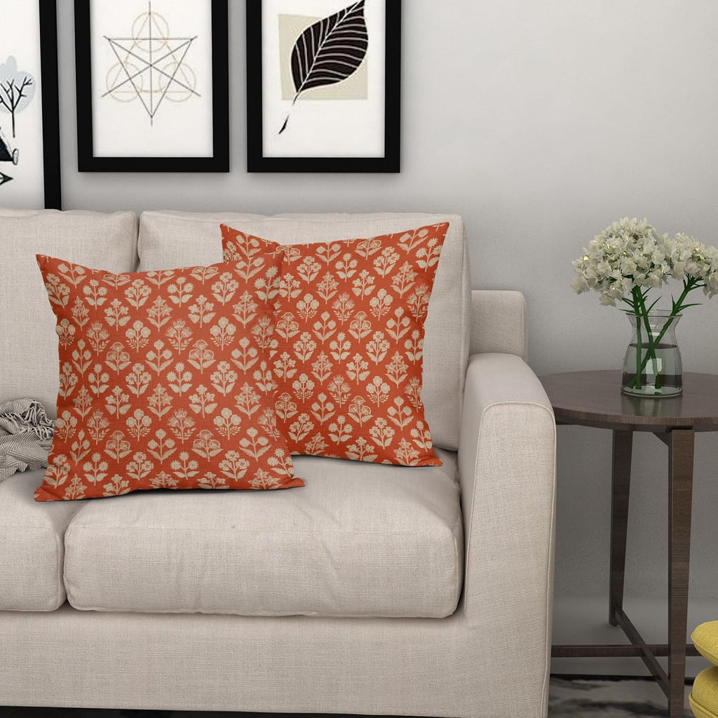 Dark Orange Floral Pillow Covers 22x22 Inch Set of 2, Vintage Flower Block Print Pattern Decorative Throw Pillowcases Outdoor Farmhouse…