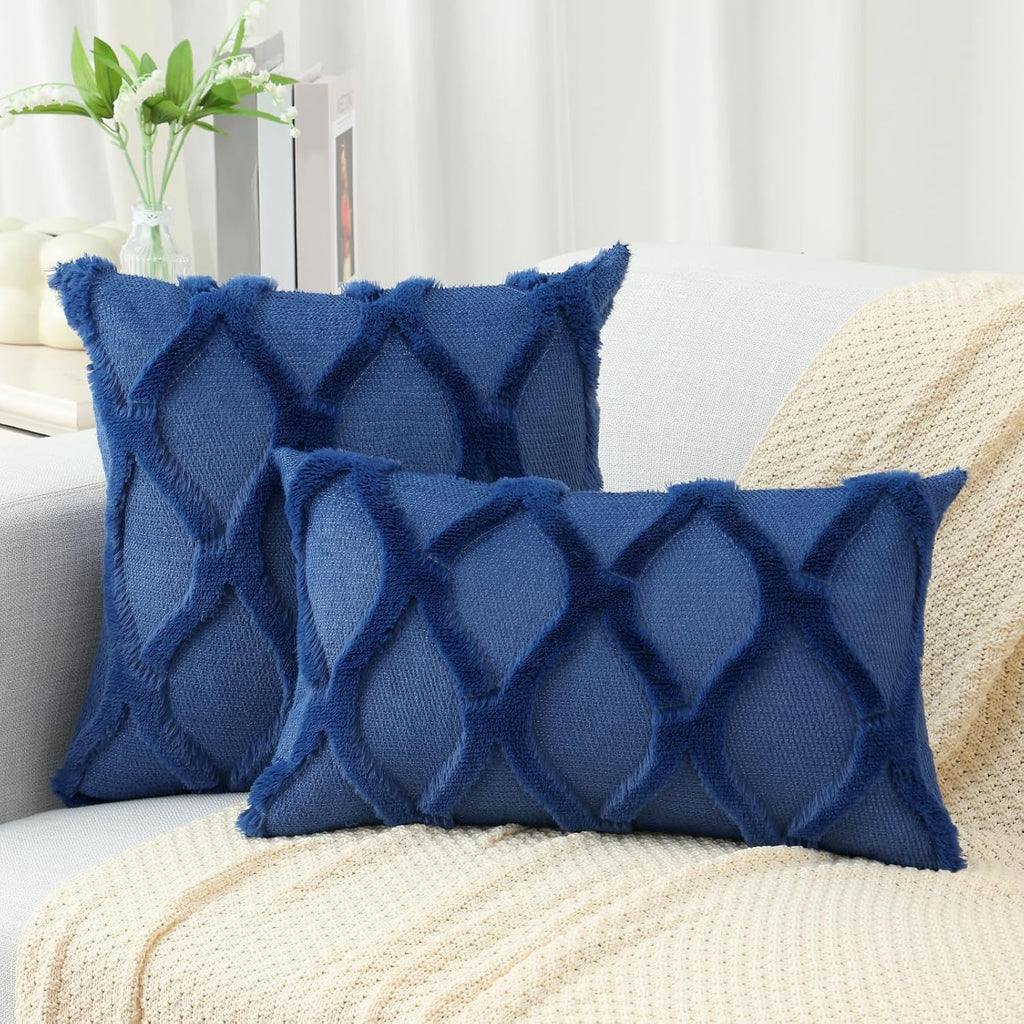 decorUhome Summer Throw Pillow Covers 16x16 Inch Set of 2, Soft Plush Faux Fur Wool Dark Blue Accent Couch Pillow Covers for Modern Farmhou…