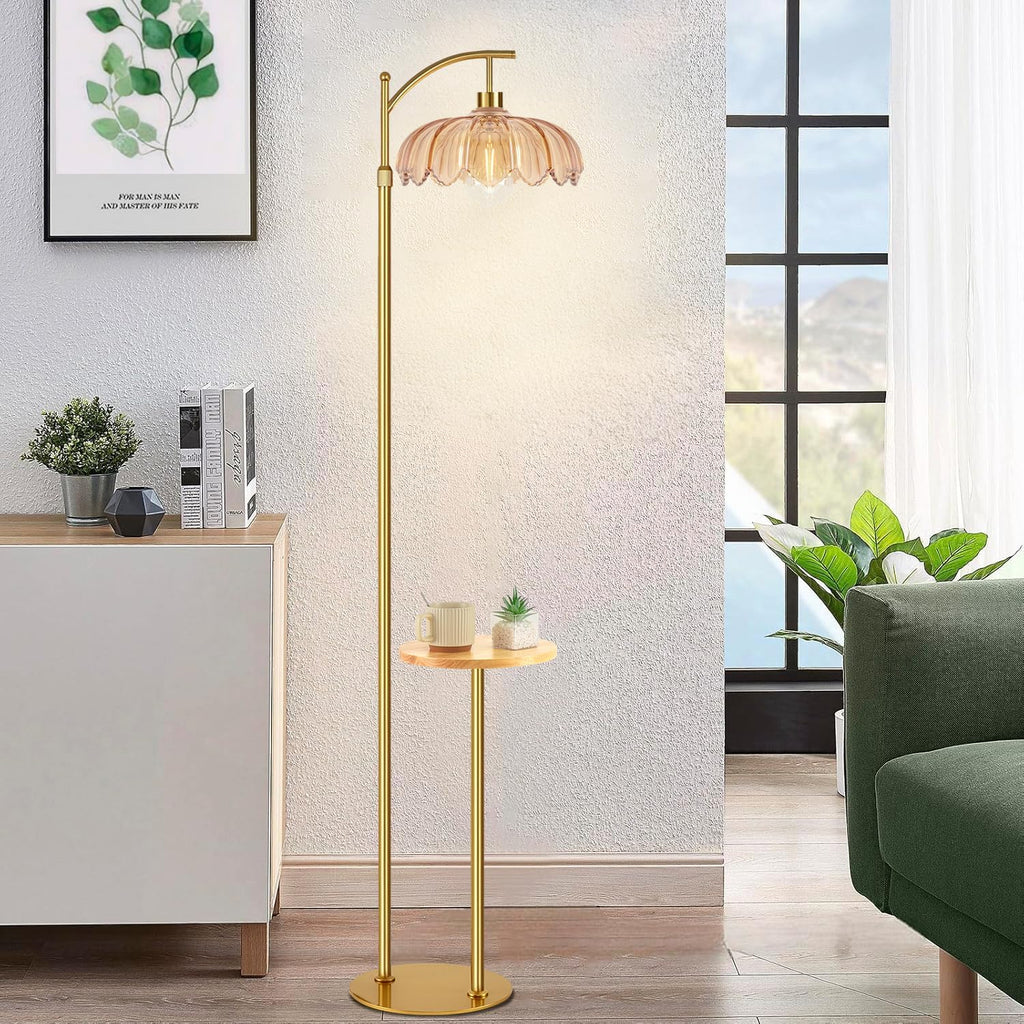 QIYIZM Gold Floor Lamp with Table and Shelves for Living Room Bedroom, Glass Standing Lamp with Remote Dimmable, Boho Brass Tall Lamp…