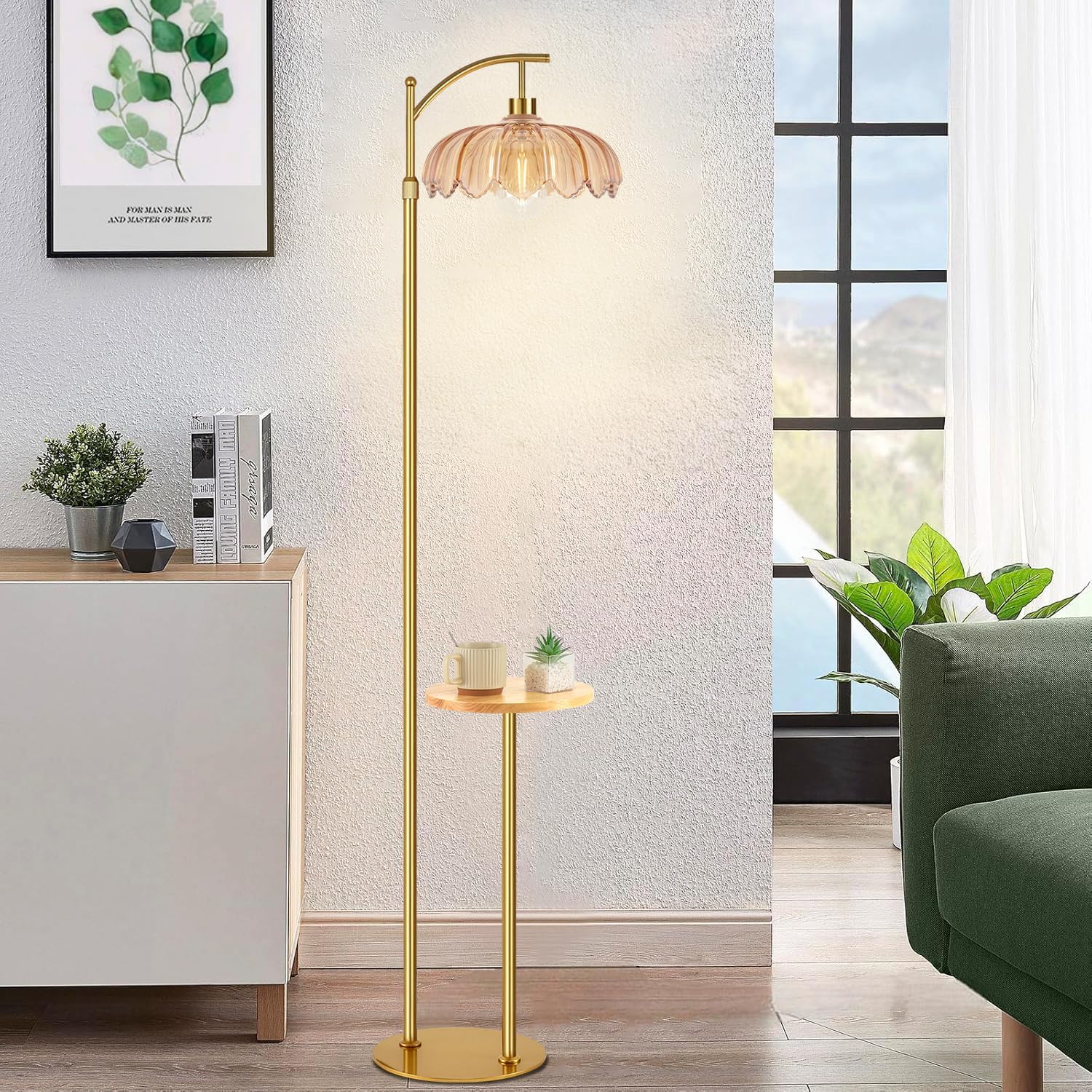 QIYIZM Gold Floor Lamp with Table and Shelves for Living Room Bedroom, Glass Standing Lamp with Remote Dimmable, Boho Brass Tall Lamp…