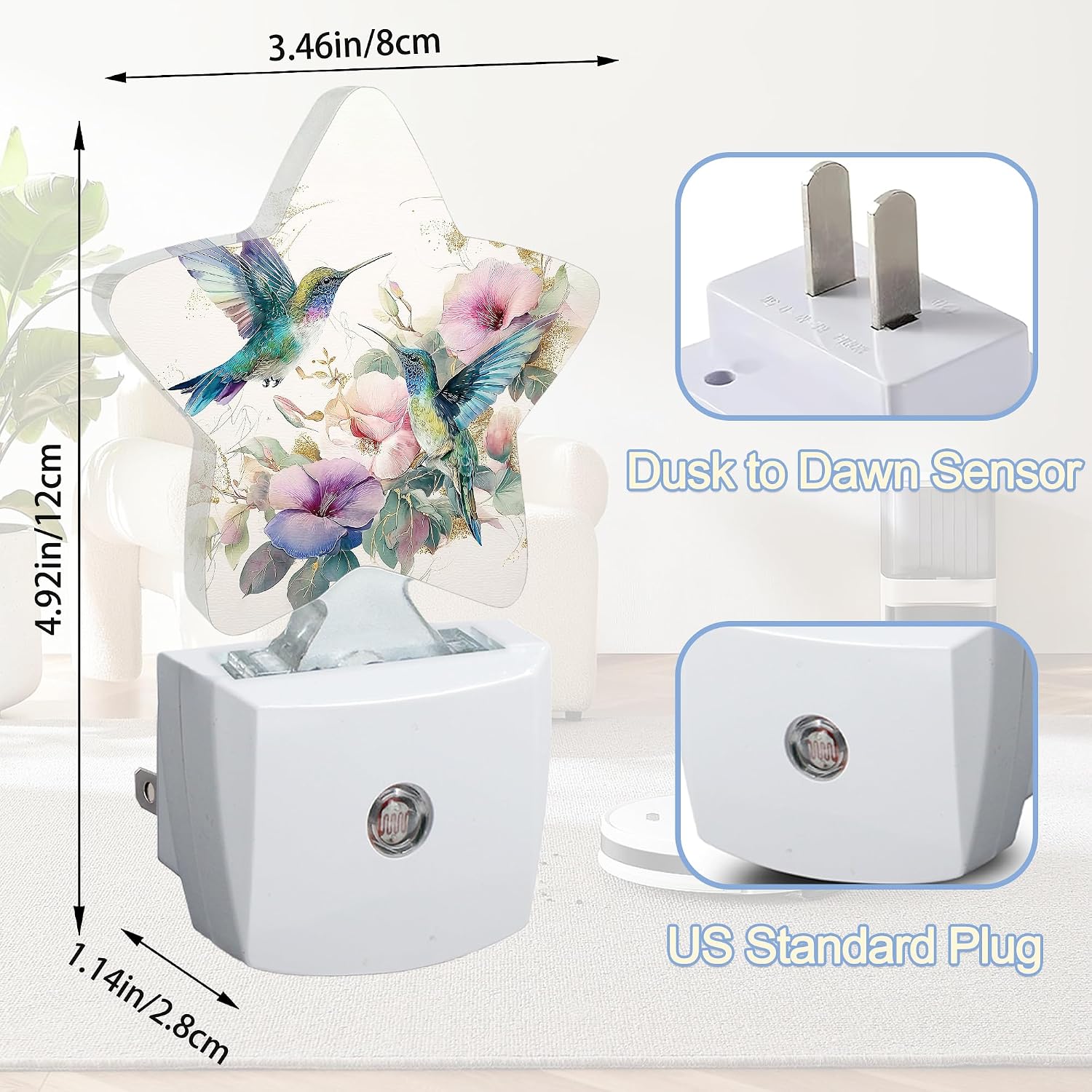 Snowmolle Hummingbird Bird Floral Night Lights Plug Into Wall, Vintage Flower Star Night Light for Kids, Nightlight with Dusk to Dawn Smart S…