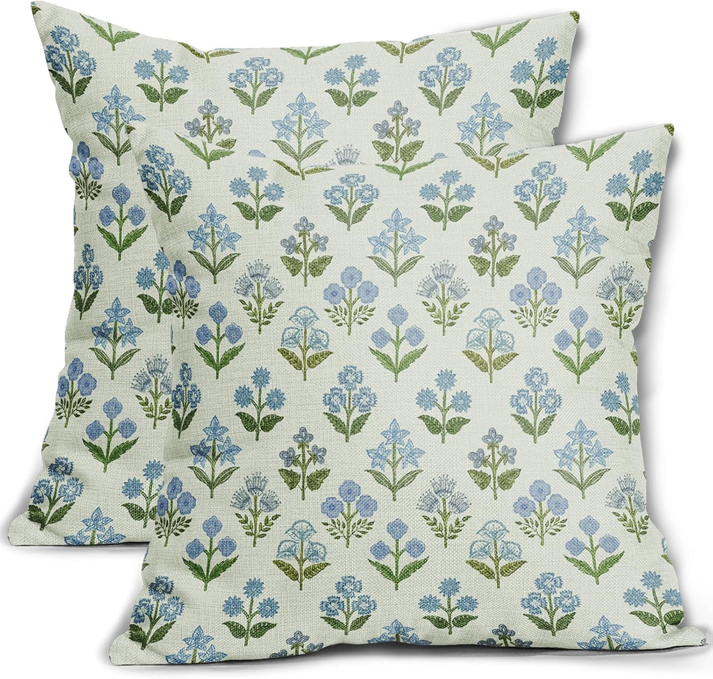 Blue Green Block Print Pillow Covers 24x24 Inch Set of 2, Vintage Floral Spring Decorative Throw Pillow Cases Boho Cushion Covers Rustic…