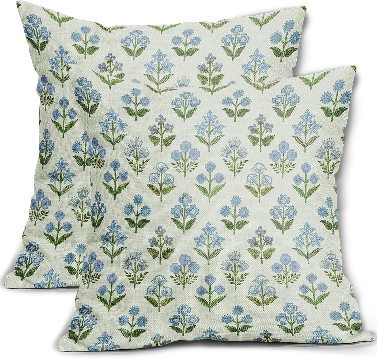 Blue Green Block Print Pillow Covers 24x24 Inch Set of 2, Vintage Floral Spring Decorative Throw Pillow Cases Boho Cushion Covers Rustic…