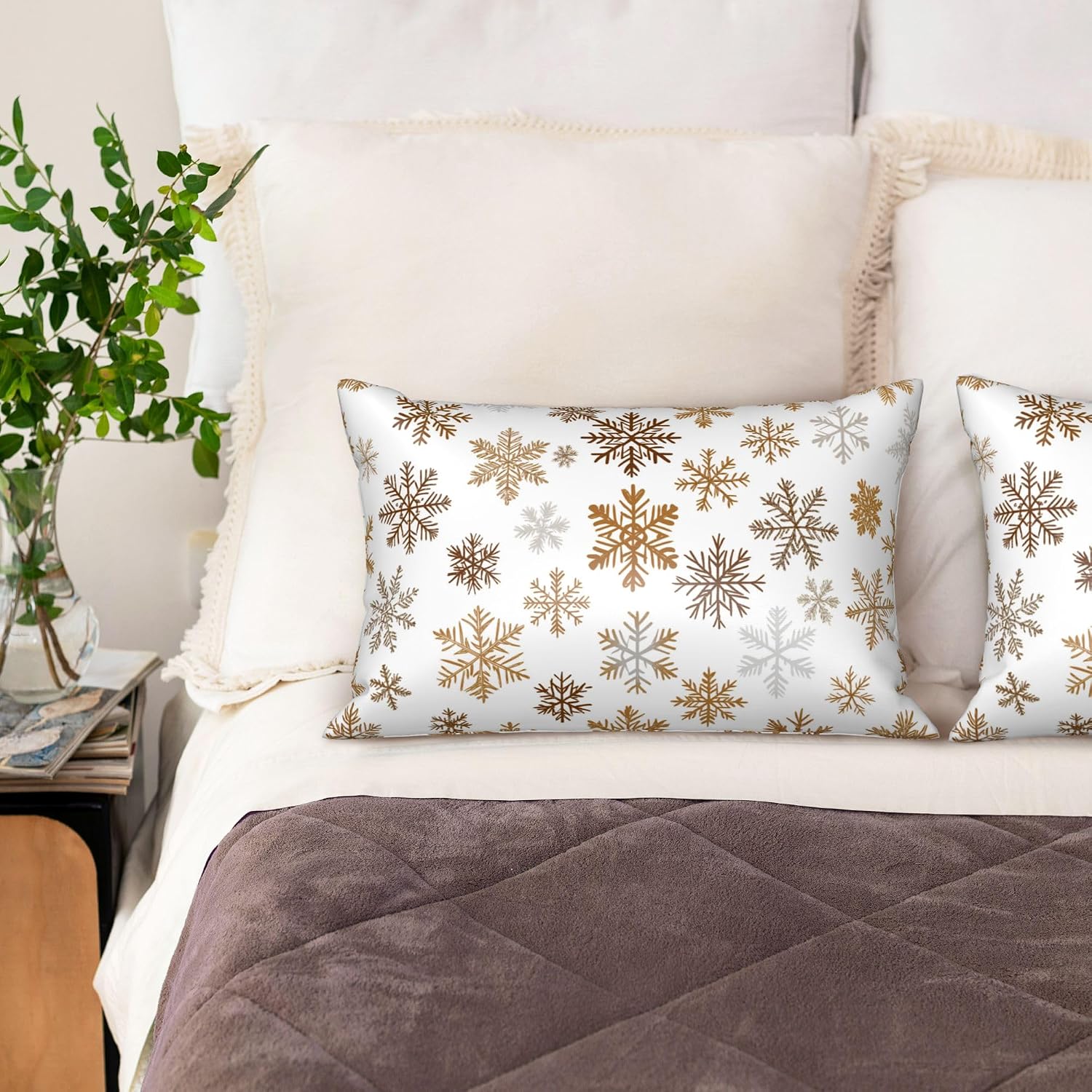 Imitation Silk Pillowcase for Hair and Skin The Holiday Season Gold Snowflakes 1 Pack Satin Queen Pillowcase with Hidden Zipper Cooling…