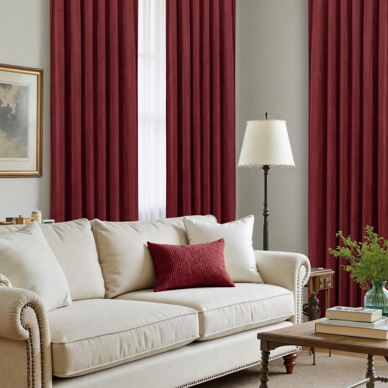 Lamit Burgundy Red Velvet Curtains 72 Inch for Living Room, Vintage Thermal Insulated Panels Christmas Decor Room Darkening Back Tab and Ro…