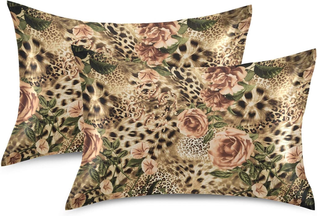 Satin Pillowcase for Hair and Skin, King Size Animal Tiger Leopard Print Rose Flower Decorative Pillow Sham with Envelope Closure Pillow…
