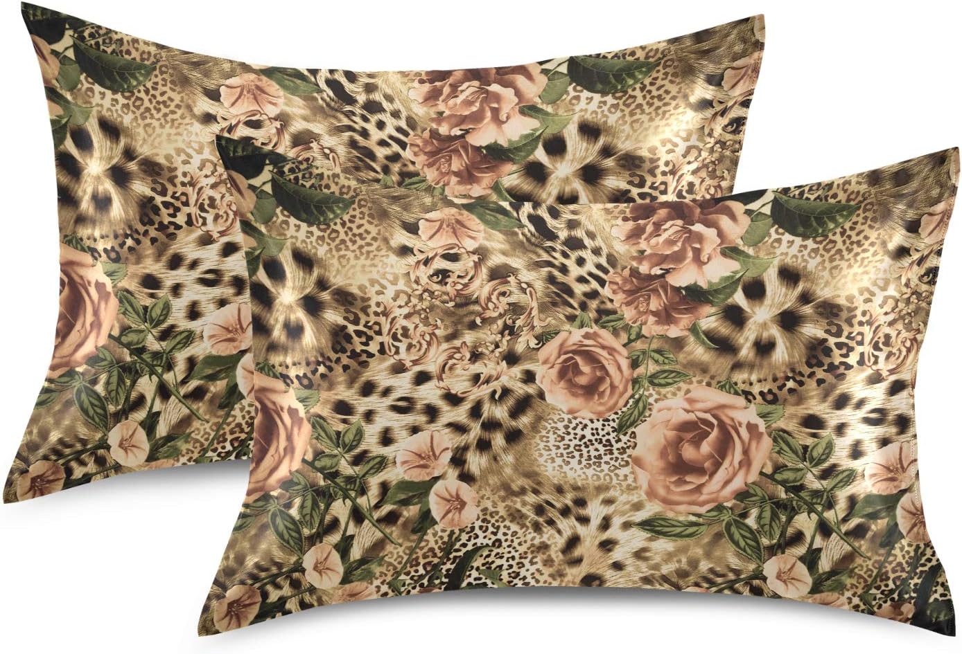Satin Pillowcase for Hair and Skin, King Size Animal Tiger Leopard Print Rose Flower Decorative Pillow Sham with Envelope Closure Pillow…