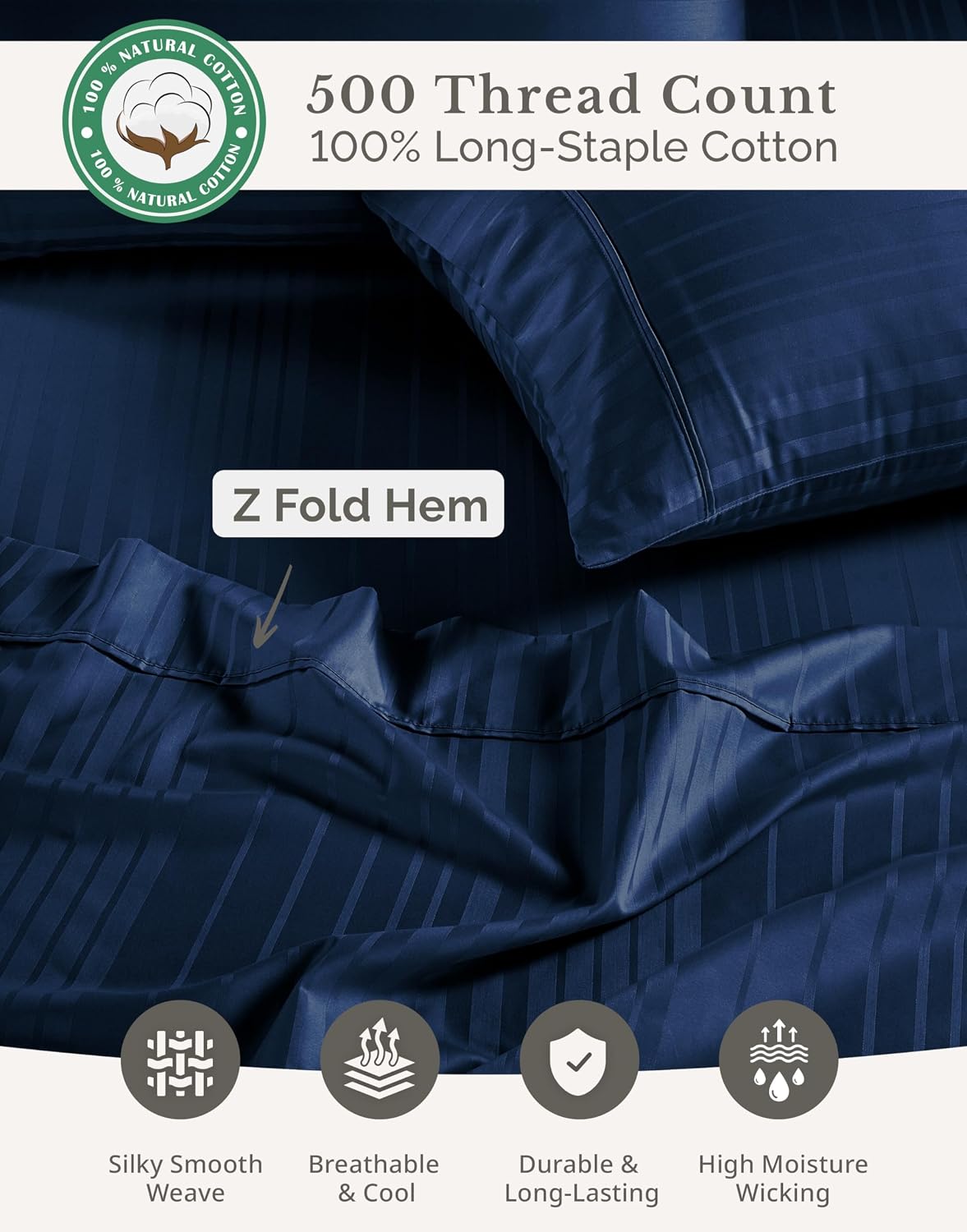 Casa Platino 100% Cotton Sheets King Size - 6 Pcs (1 Flat, 1 Fitted, 4 Pillowcases) - Striped 500 TC - Super Soft & Breathable, Ultra…