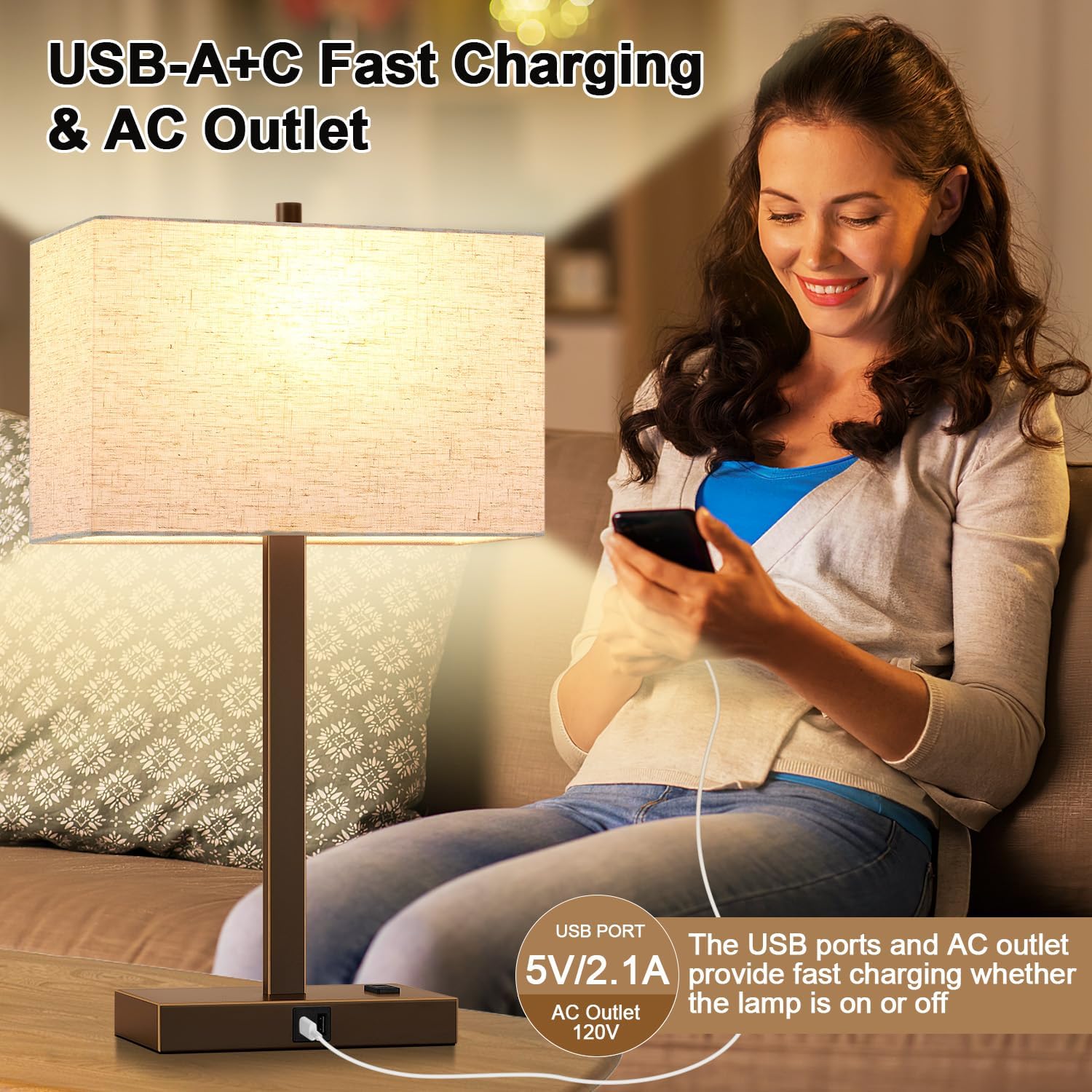 Lynnoland 21" Set of 2 Table lamp with USB A+C & AC Outlets, Touch Control 3-Way Dimmable Nightstand Lamps for Bedroom Living Room Office…