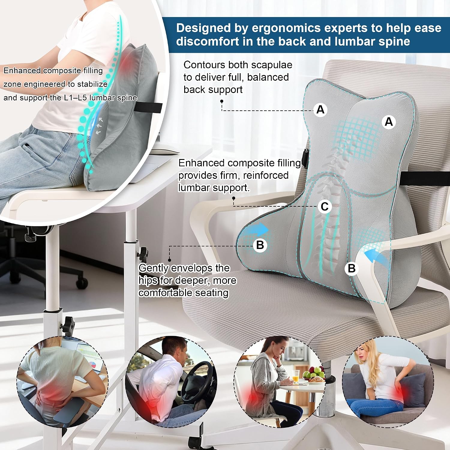 Ailuteie Lumbar Back Pillow (Pat. Pend), Supportive Back Cushion for Bed, Couch & Recliner, Ergonomic Lumbar Pillow with Customizable Firmn…