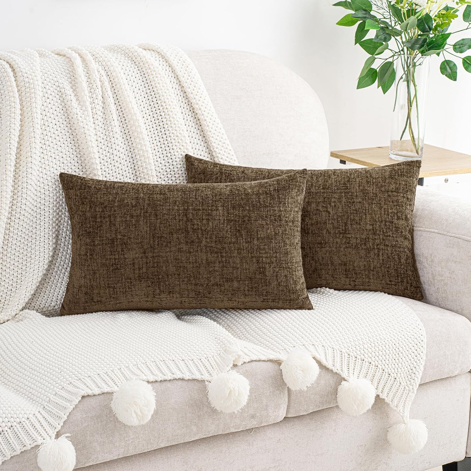 Hwy50 HWY 50 Coffee Lumbar Pillow Covers 12x20 Inch Pack of 2, Soft Chenille Decorative Throw Pillow Covers Farmhouse for Couch Sofa Living…