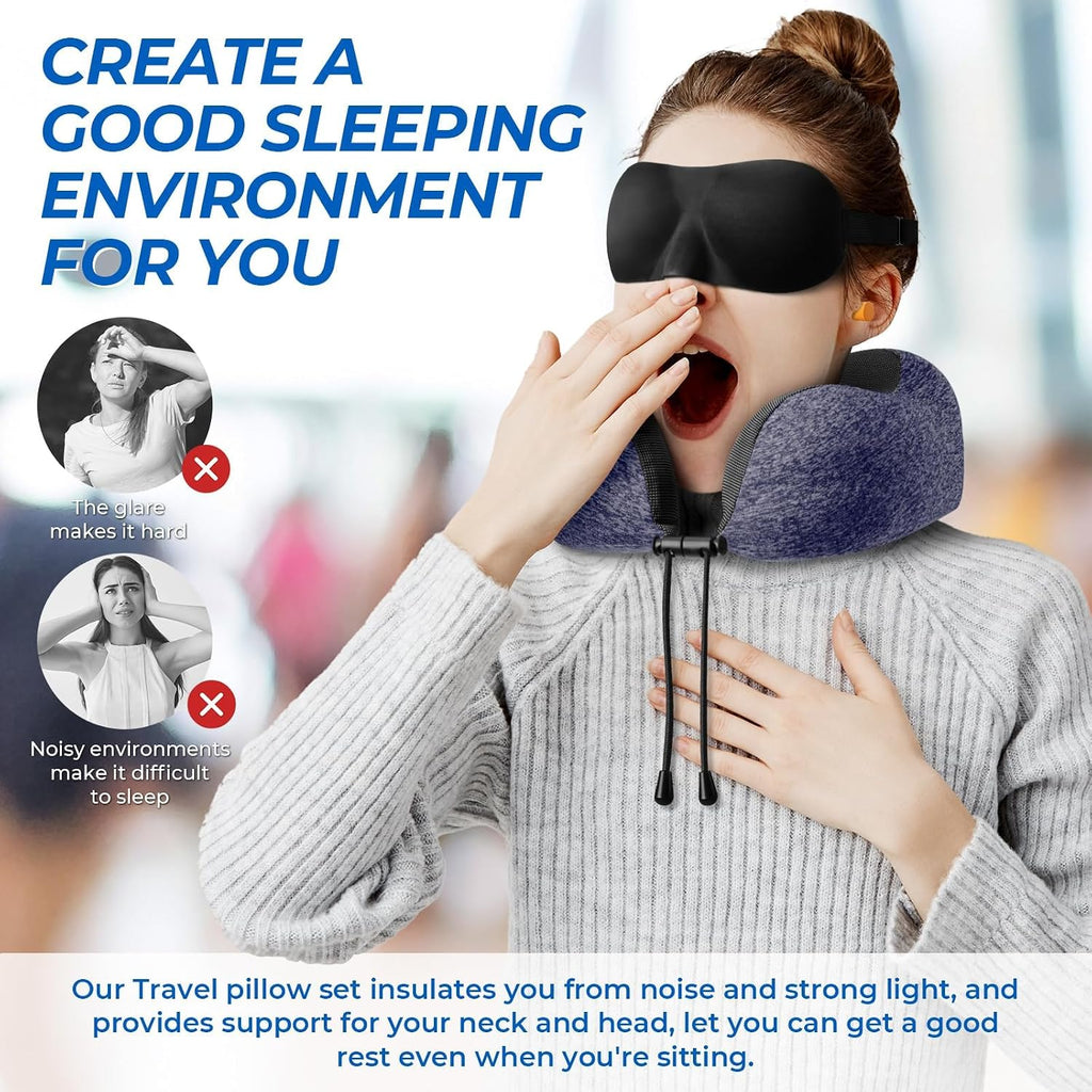 ExploreBliss Travel Pillow, Travel Pillows for Sleeping Airplane, Neck Pillow Airplane, Memory Foam Neck Pillow Set with Eye Mask, Earplugs…