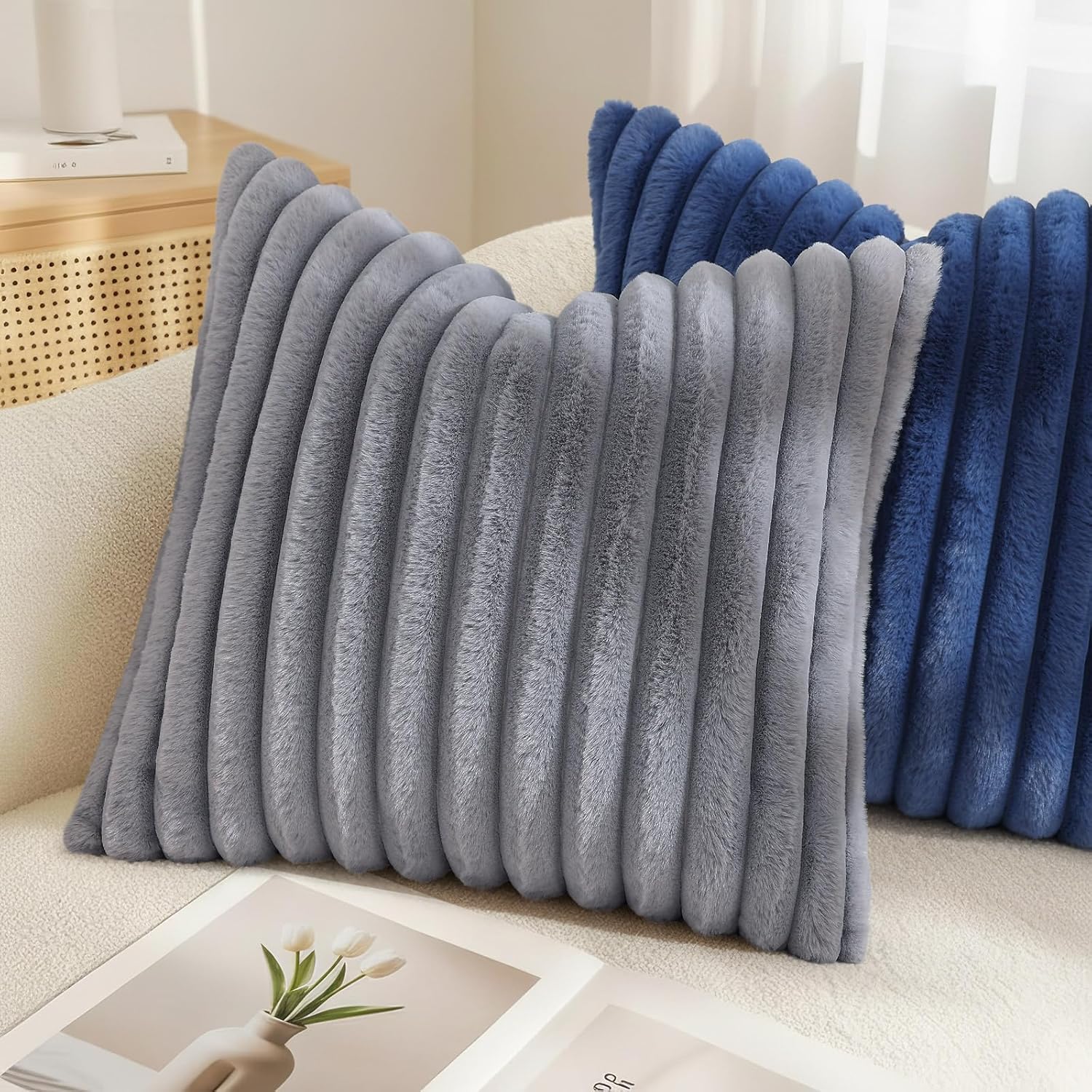 decorUhome Cozy Faux Fur Throw Pillow Covers 24x24 Set of 2 Decorative Soft Plush Striped Modern Farmhouse Boho Couch Euro Sham Pillow Case…