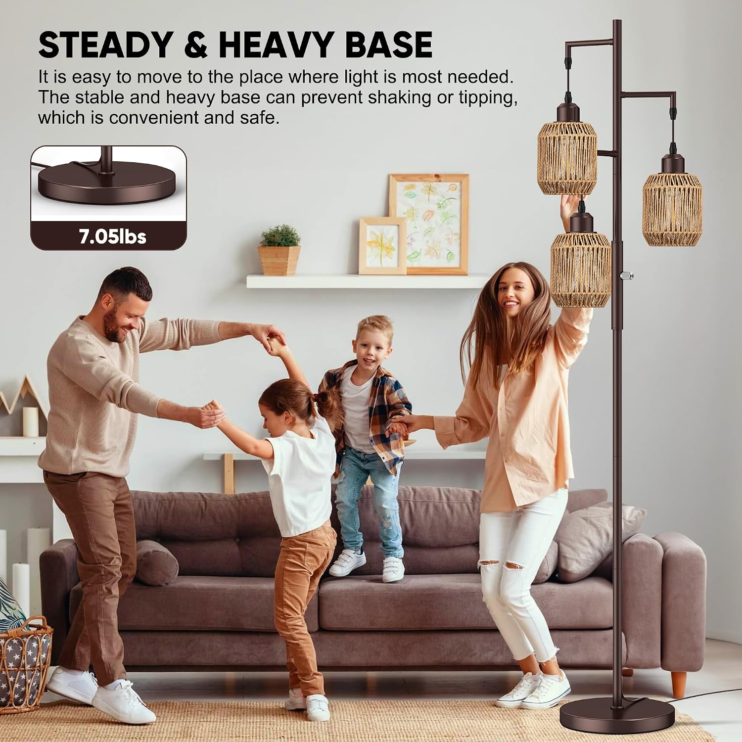 ROTTOGOON Dimmable Boho Floor Lamp - 3 Light Farmhouse Rattan Floor Lamp for Living Room, Industrial Tree Floor Lamps with 3 X 6W LED…