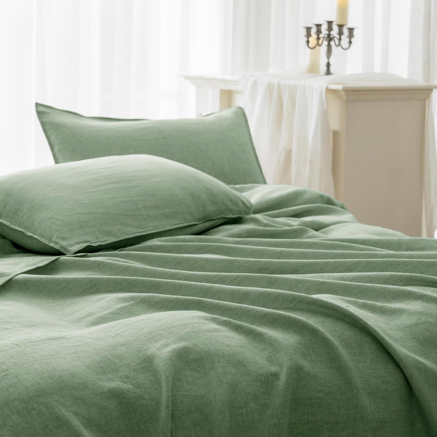 EVERLY 100% Linen Pillowcases Set of 2, Envelope Overlap Closure Natural Washed Flax Standard Queen Size 20x26 Inches - Saga Green