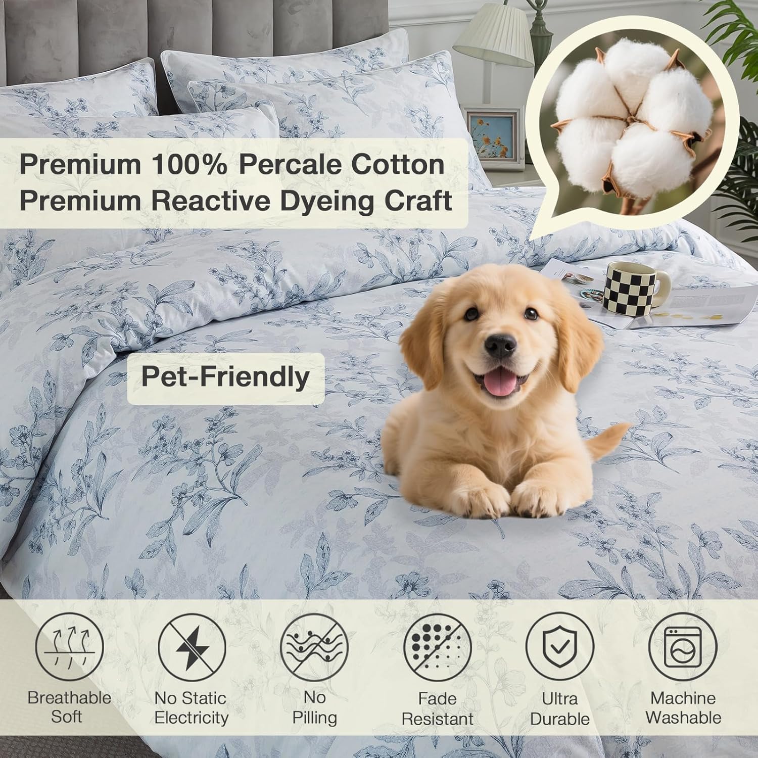Puralens Grey Floral Duvet Cover King Size 3Pcs, 100% Cotton Flower Patterned Boho Comforter Cover Set with Zipper, Soft Crisp White Percal…