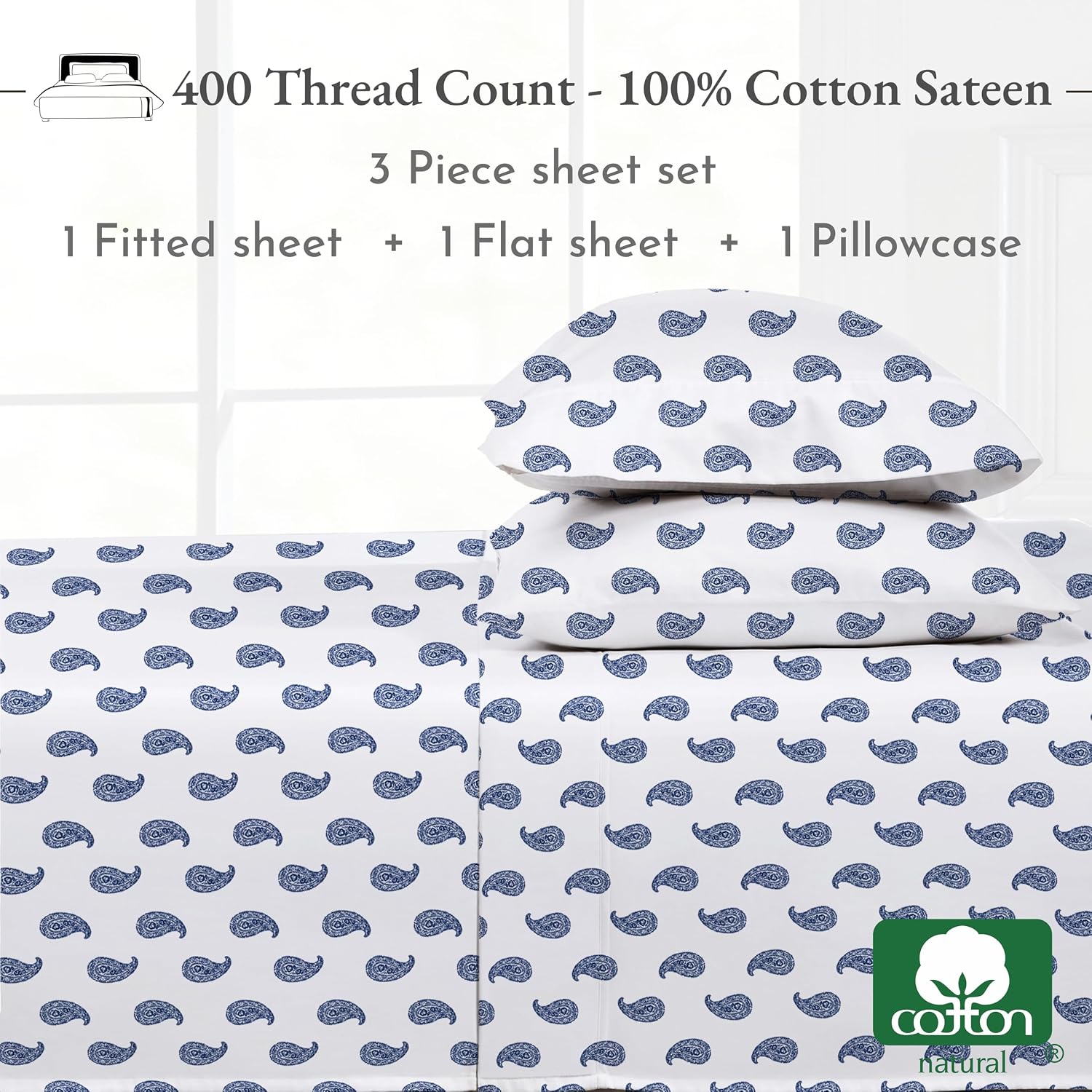 CaliforniaDesignDen California Design Den Deep Pocket Twin Sheets Set - 400 Thread Count Sateen, Natural 100% Cotton Sheets, and Durable Be…