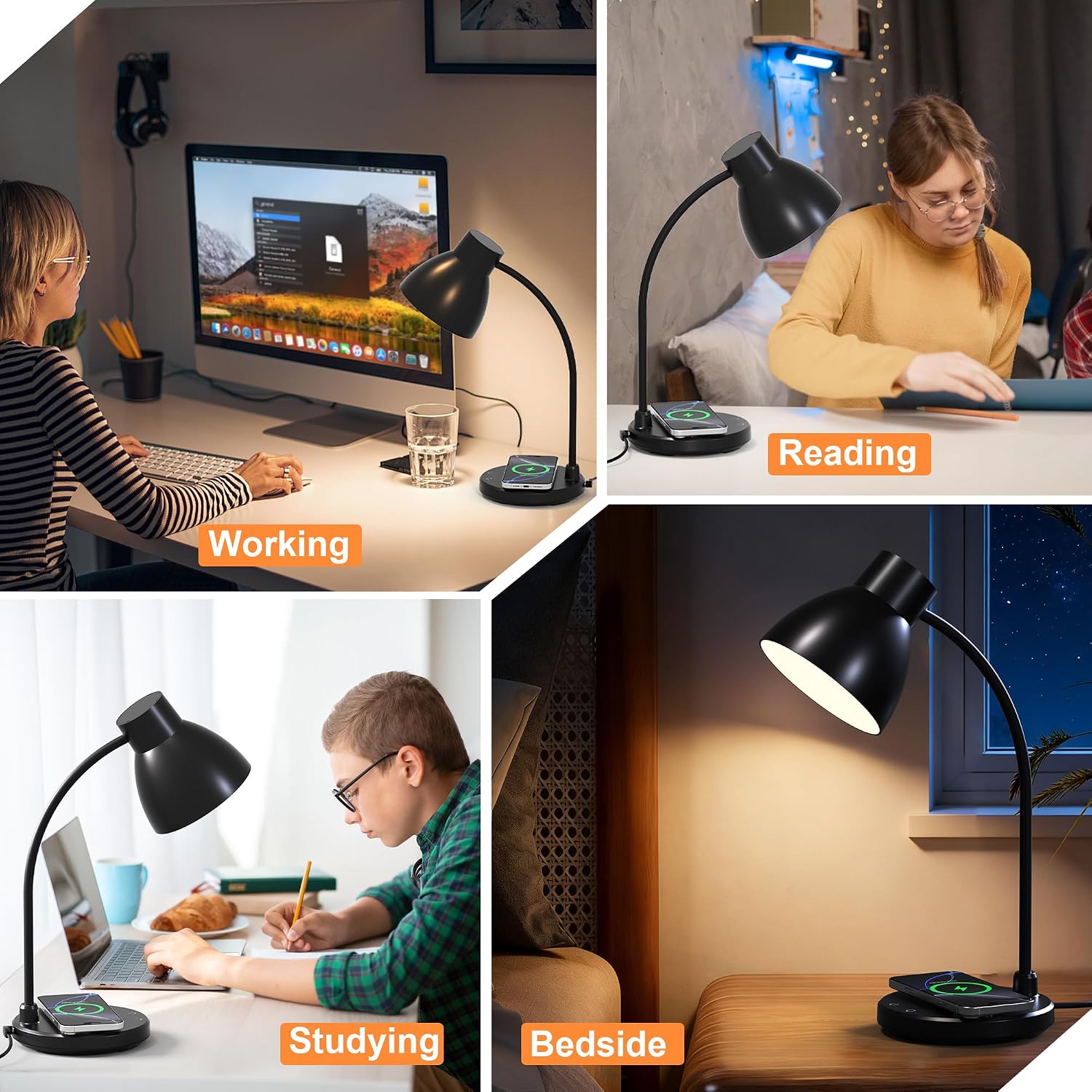 Desk Lamps for Home Office - LED Desk Lamp with Wireless Charger, 3 Color Modes Dimmable Eye-Caring Study Reading Desk Light, Small…