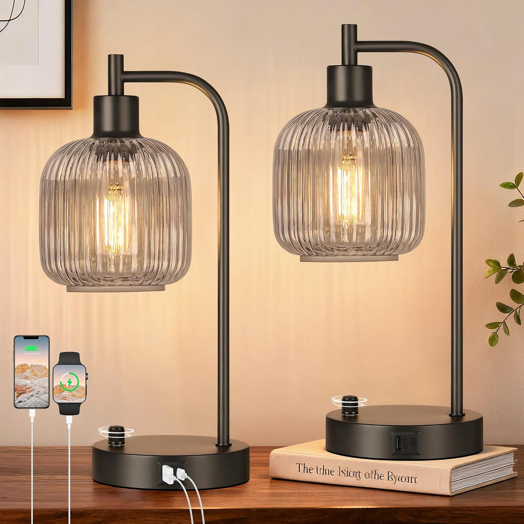 QiMH Industrial Table Lamp for Bedroom Set of 2, Grey Glass Beside Lamp with USB A&C Ports, Stepless Dimmable Black Lamps, Nightstand…
