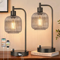 QiMH Industrial Table Lamp for Bedroom Set of 2, Grey Glass Beside Lamp with USB A&C Ports, Stepless Dimmable Black Lamps, Nightstand…