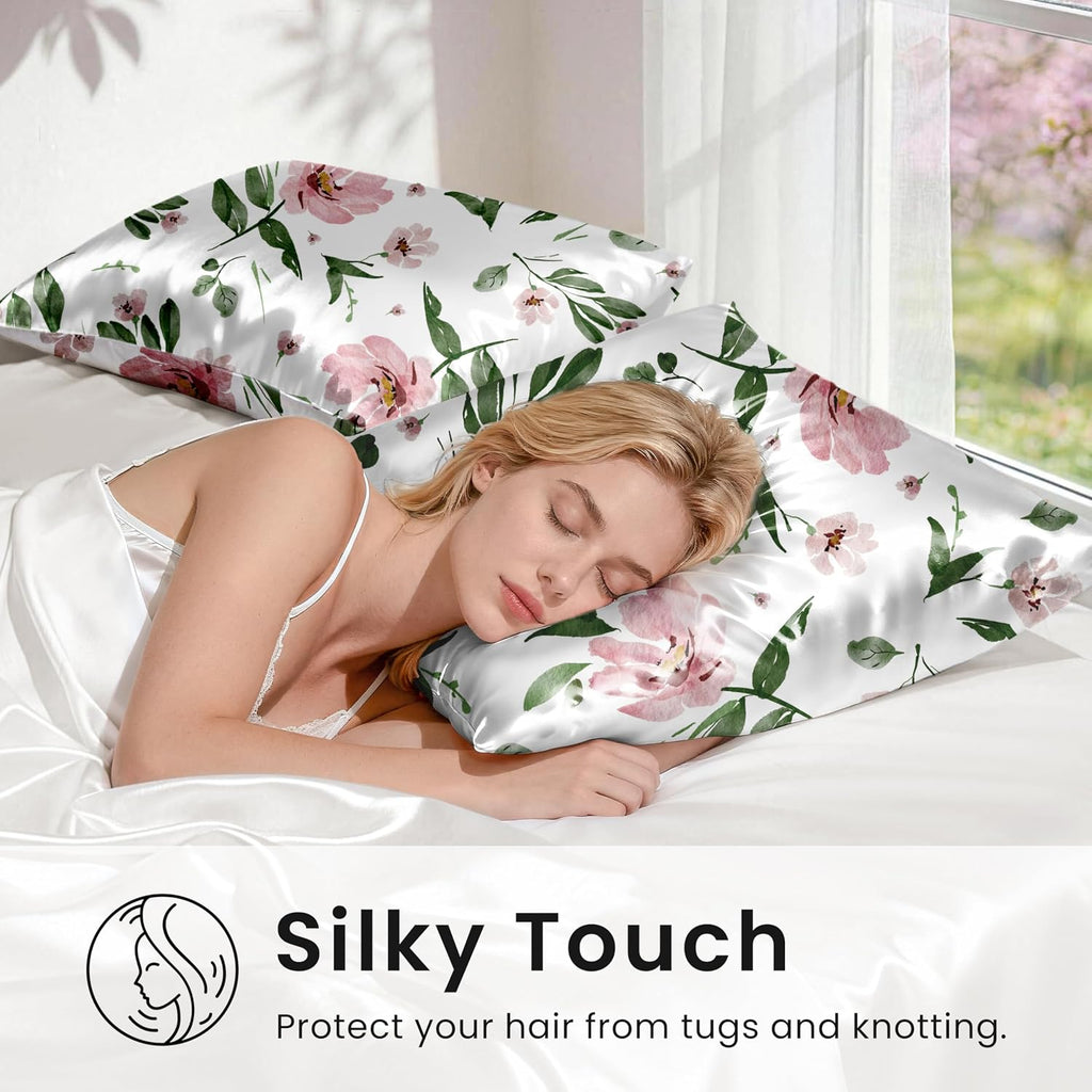 EXQ Home Satin Pillowcase for Hair and Skin Queen - Printed Pink Bloom Silk Pillow Cases 2 Pack 20x30 inches - Satin Pillow Cases Set of…