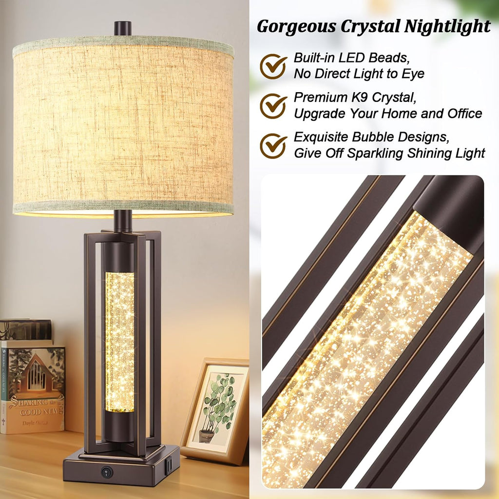 Tobusa 26’’ Vintage Table Lamps for Living Room Set of 2, Farmhouse Lamps for Bedroom with 2 USB Ports and Crystal Night Light, Rustic Beds…