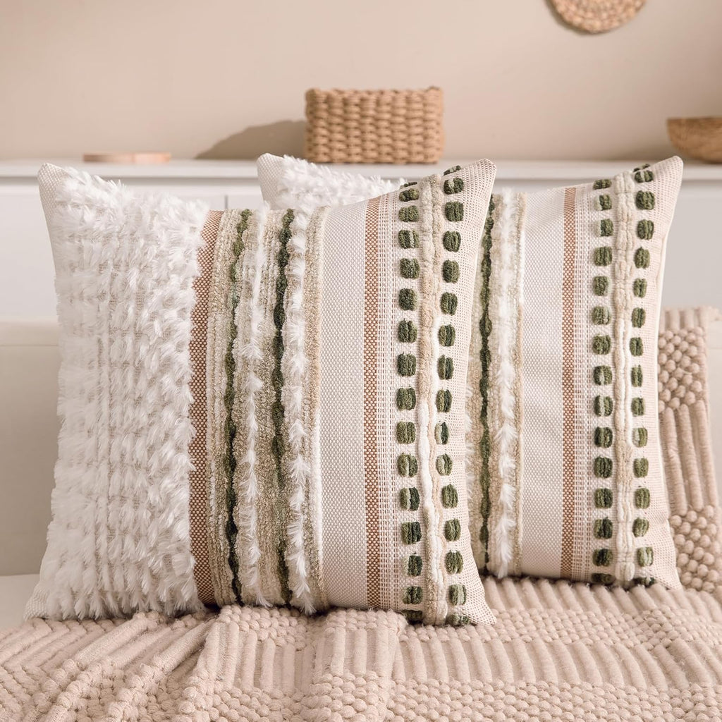 Boho Chenille Tufted Couch Throw Pillow Covers 18x18 Inch Set of 2 Farmhouse Striped Decorative Pillow Covers Accent Neutral Square…