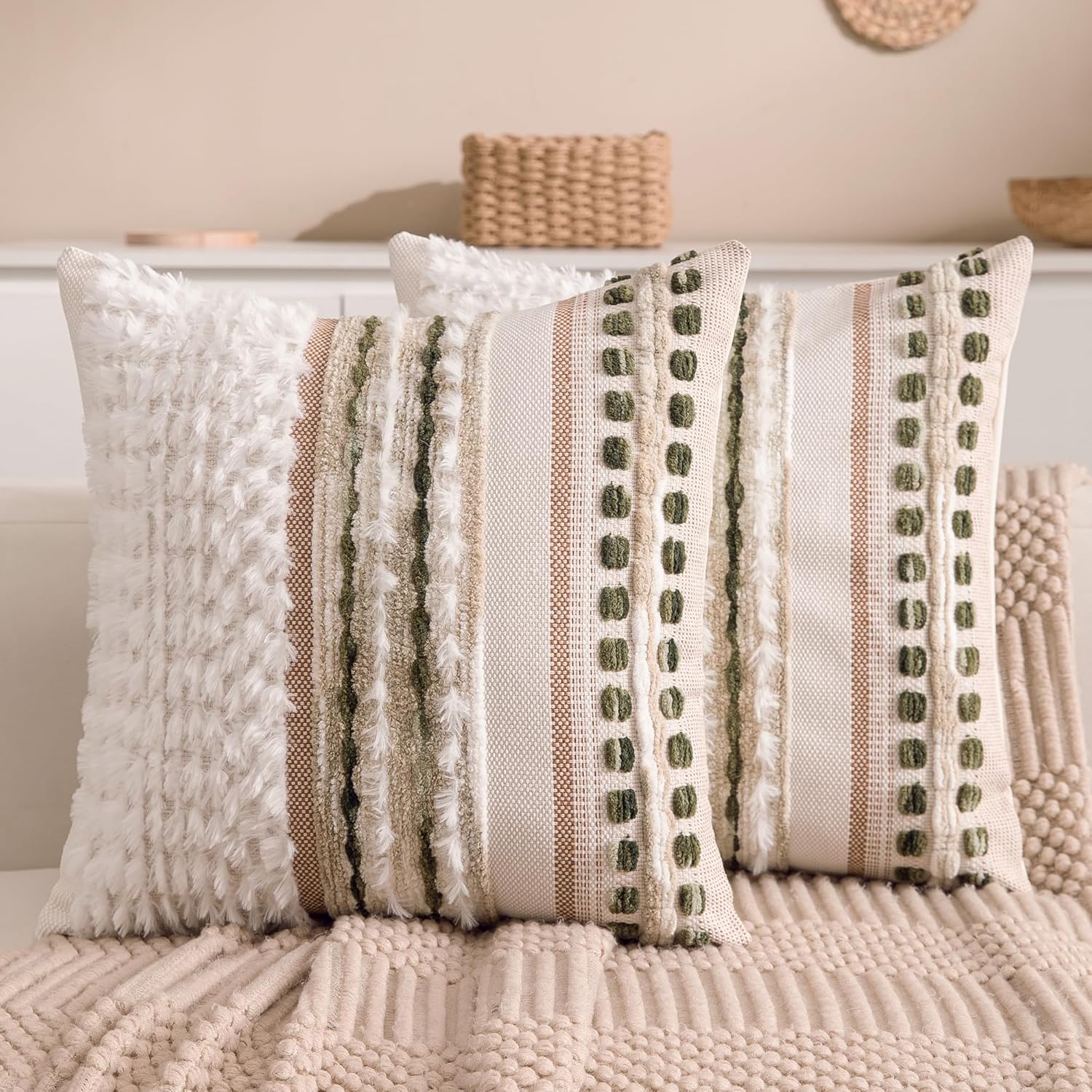 Boho Chenille Tufted Couch Throw Pillow Covers 18x18 Inch Set of 2 Farmhouse Striped Decorative Pillow Covers Accent Neutral Square…