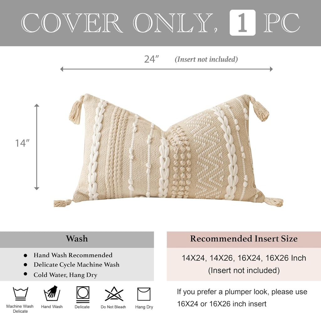 BlissBlush Decorative Lumbar Pillow Cover 14x24, Cream White Boho Accent Throw Pillow Case for Couch Sofa Bed, Modern Farmhouse Textured…
