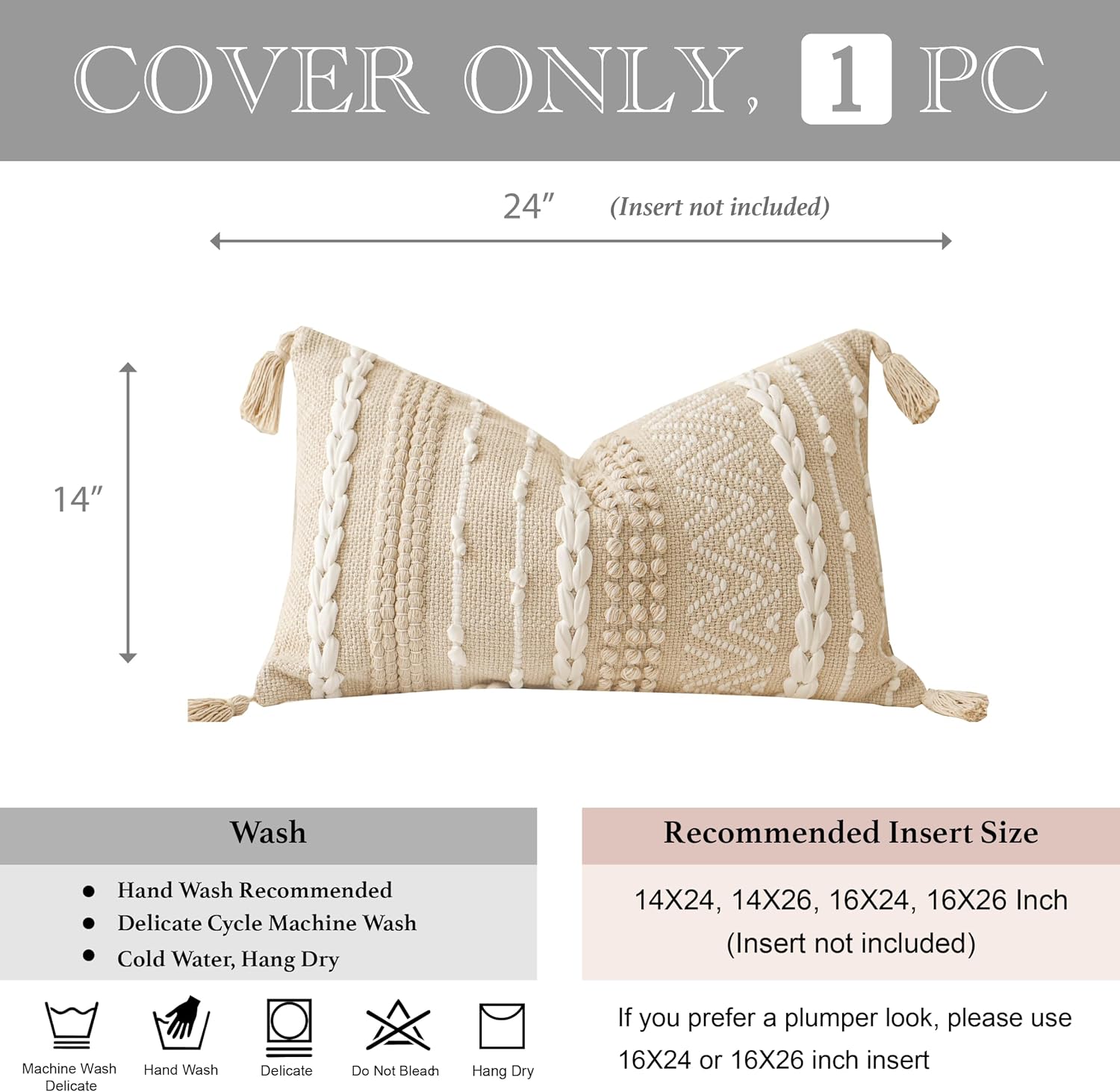 BlissBlush Decorative Lumbar Pillow Cover 14x24, Cream White Boho Accent Throw Pillow Case for Couch Sofa Bed, Modern Farmhouse Textured…