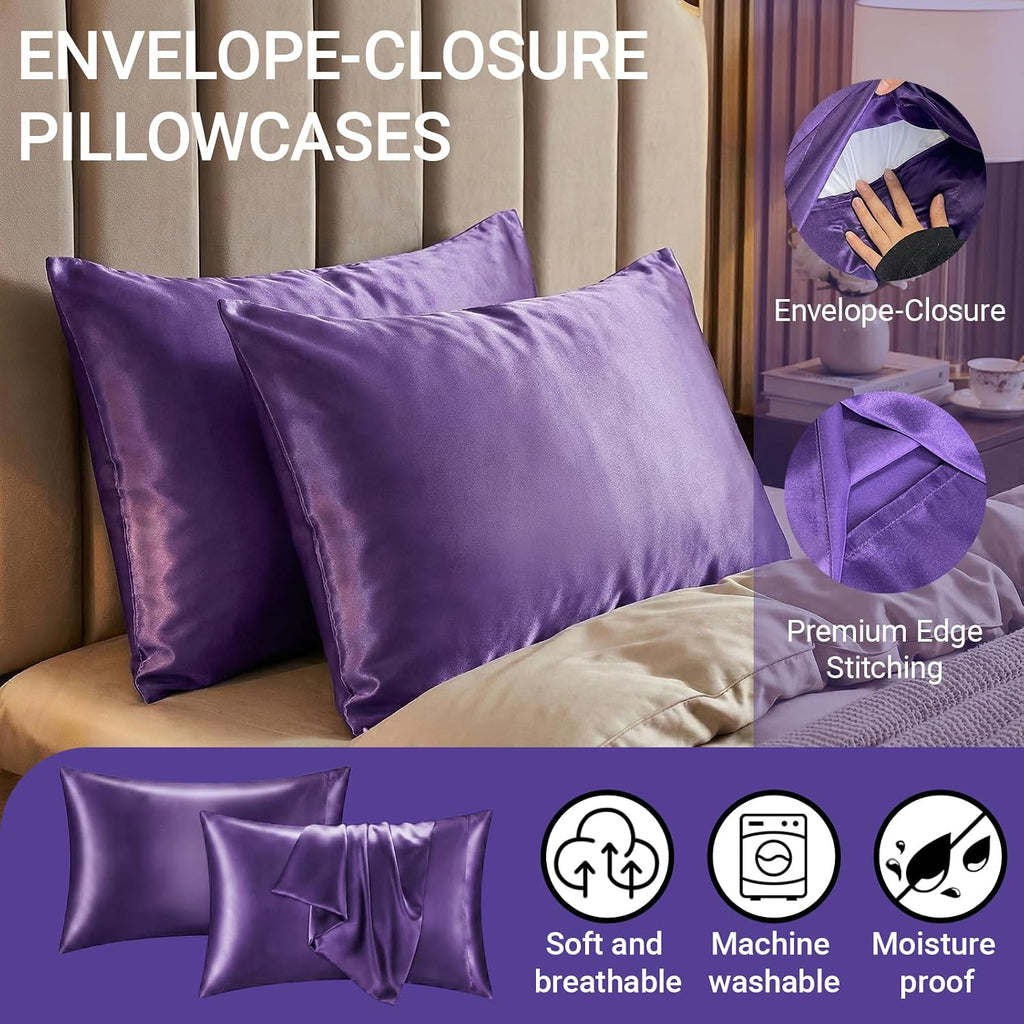 QJFabricCO Q&J Fabric Co. 2 Pack Satin Pillowcase Silk Like Pillow Cases 20x36 inch Purple Cooling Pillow Cases with Envelope Closure for H…