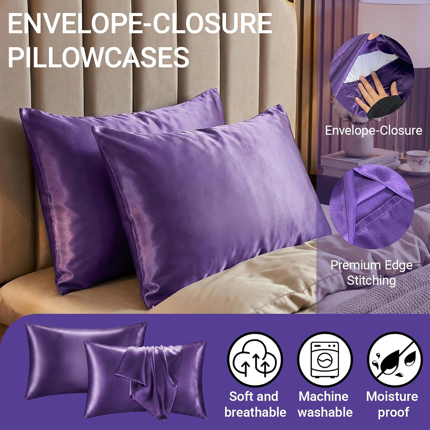 QJFabricCO Q&J Fabric Co. 2 Pack Satin Pillowcase Silk Like Pillow Cases 20x26 inch Purple Cooling Pillow Cases with Envelope Closure for H…
