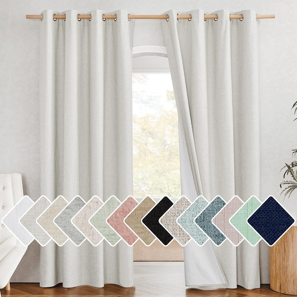 NICETOWN 100% Absolutely Blackout Linen Curtains with Thermal Insulated White Liner, Ivory, 52" Wide, 2 Pieces, Privacy Vertical Window…