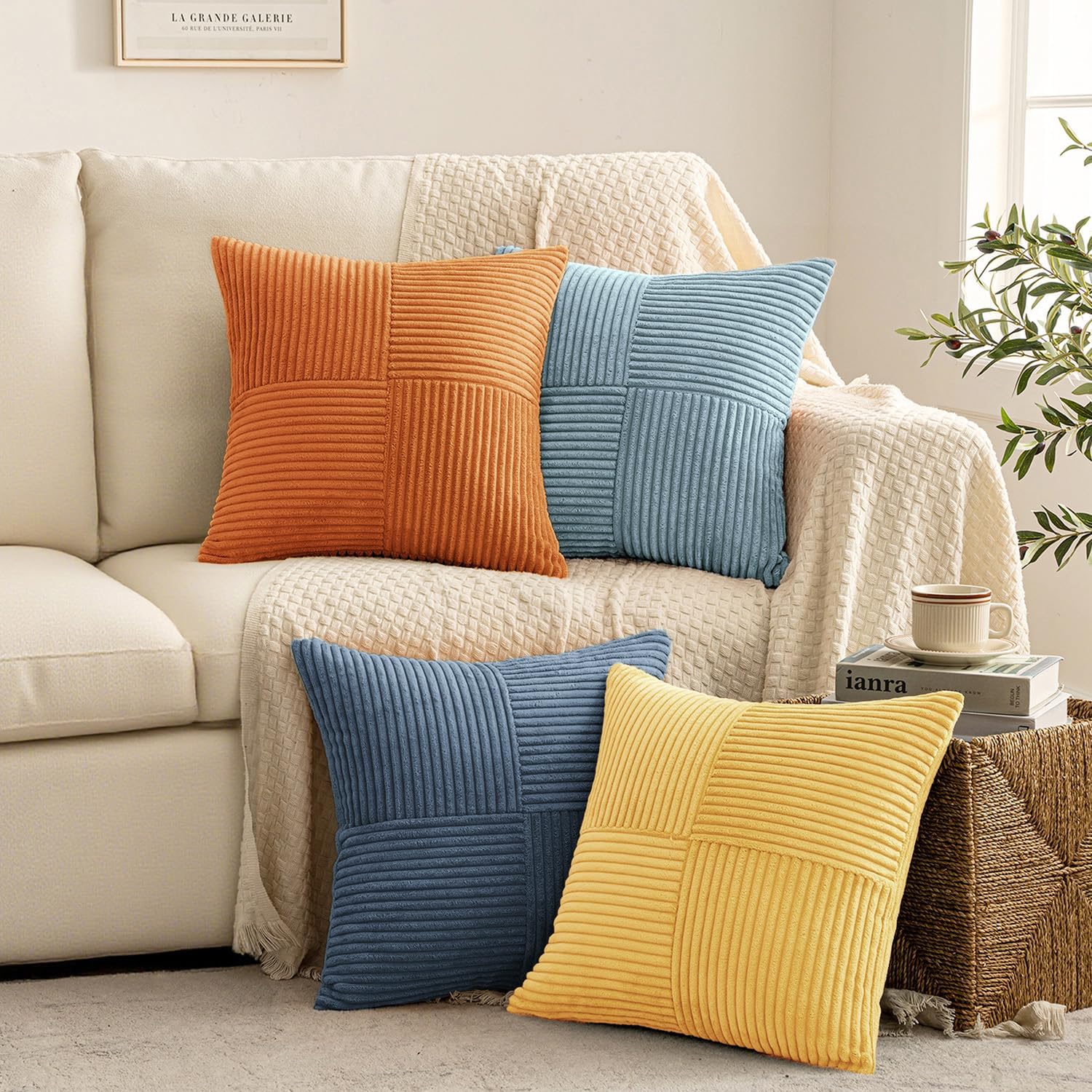 Miulee Summer Yellow Blue Decorative Throw Pillow Covers 18x18 Inch Set of 4 Soft Corduroy Boho Patchwork Pillow Covers Modern Farmhouse Br…