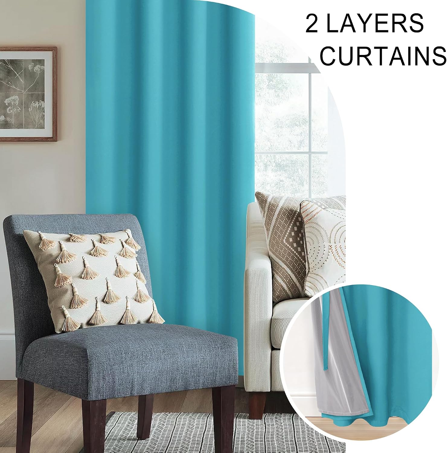 Xwzo Total Blackout Curtains 63 Inches Long - Double Layer Full Room Darkening & Energy Efficiency Grommet Window Panels with Tiebacks, Tur…