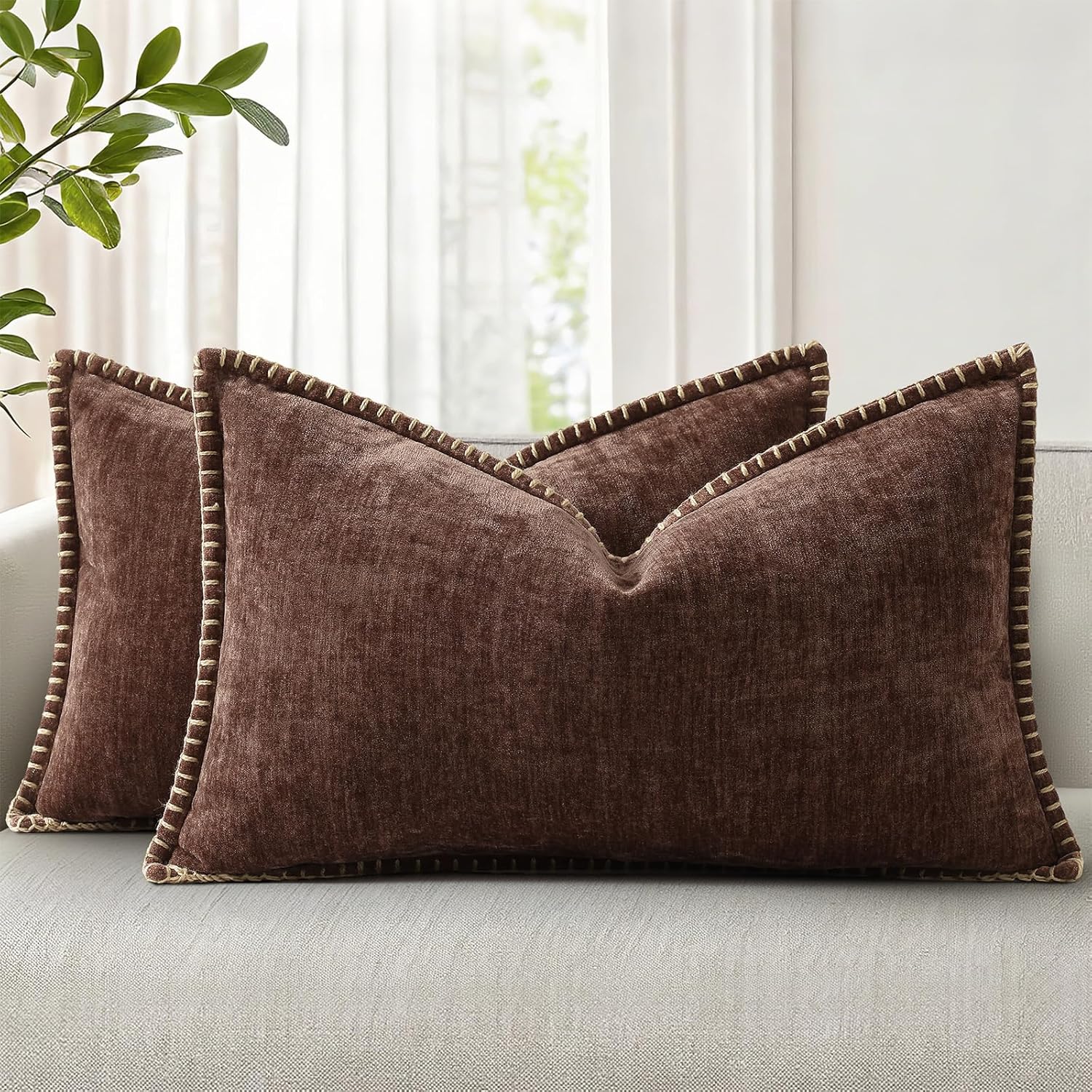 decorUhome Chenille Soft Cozy Throw Pillow Covers 12x20 Set of 2, Modern Farmhouse Boho Velvet Decorative Pillow Cases with Stitched Edge f…