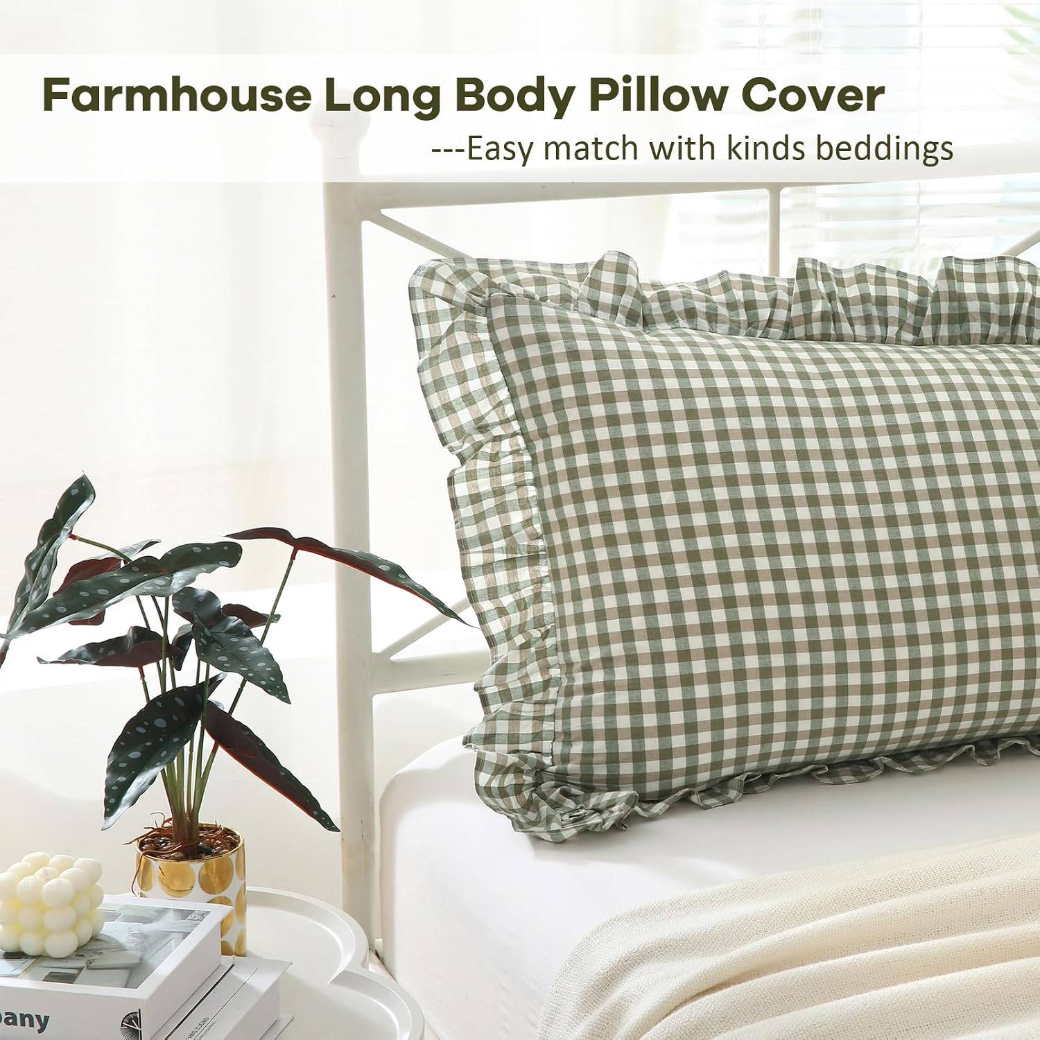 Kmasaniji Sage Green White Plaid Gingham Body Pillow Cover with Ruffles, 100% Washed Cotton Rustic French Country Vintage Pillow Shams for…